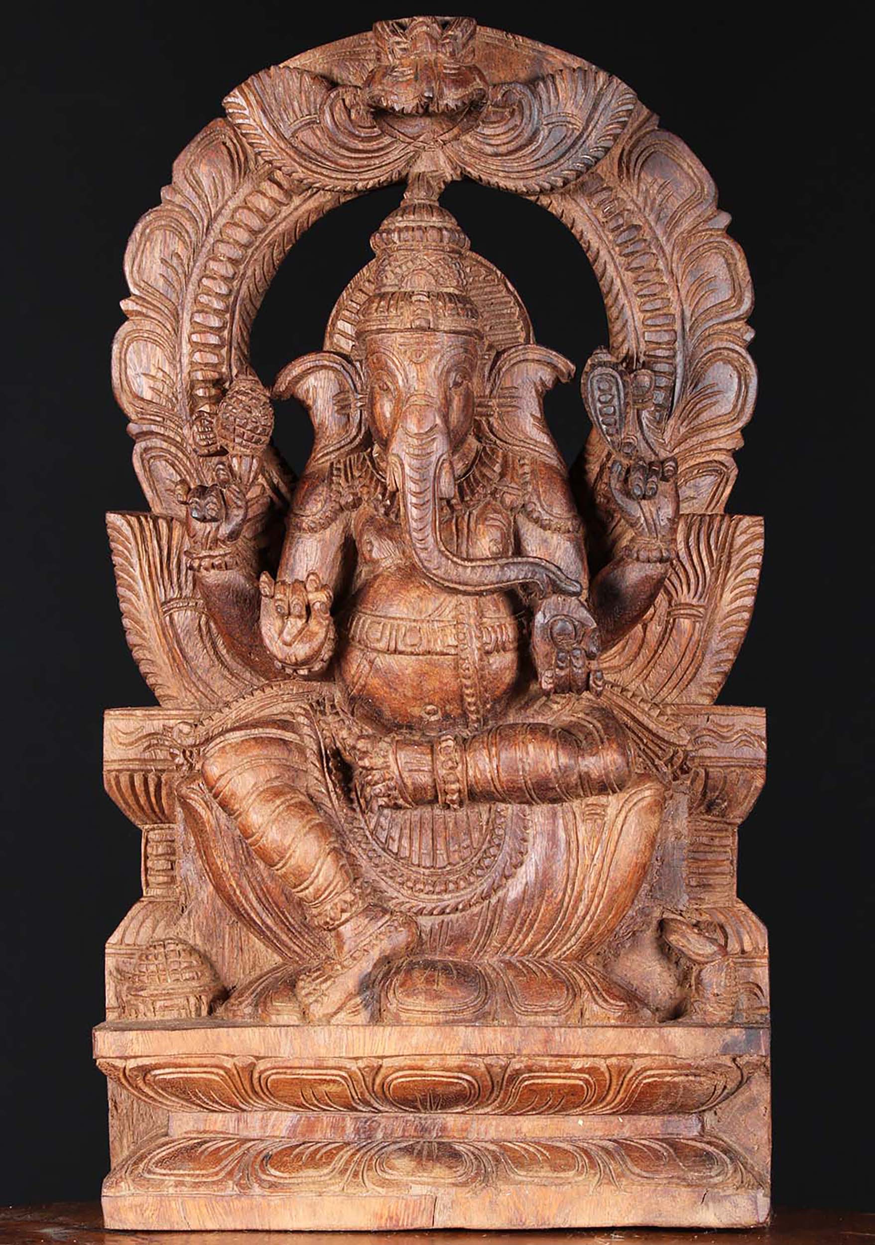 Wooden Ganesh with Arch Statue 18"