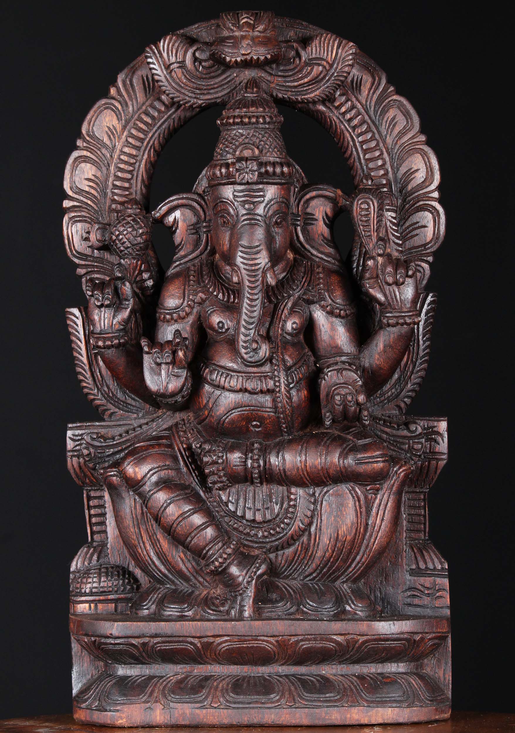 Wooden Seated Ganesh Statue with Arch 18"