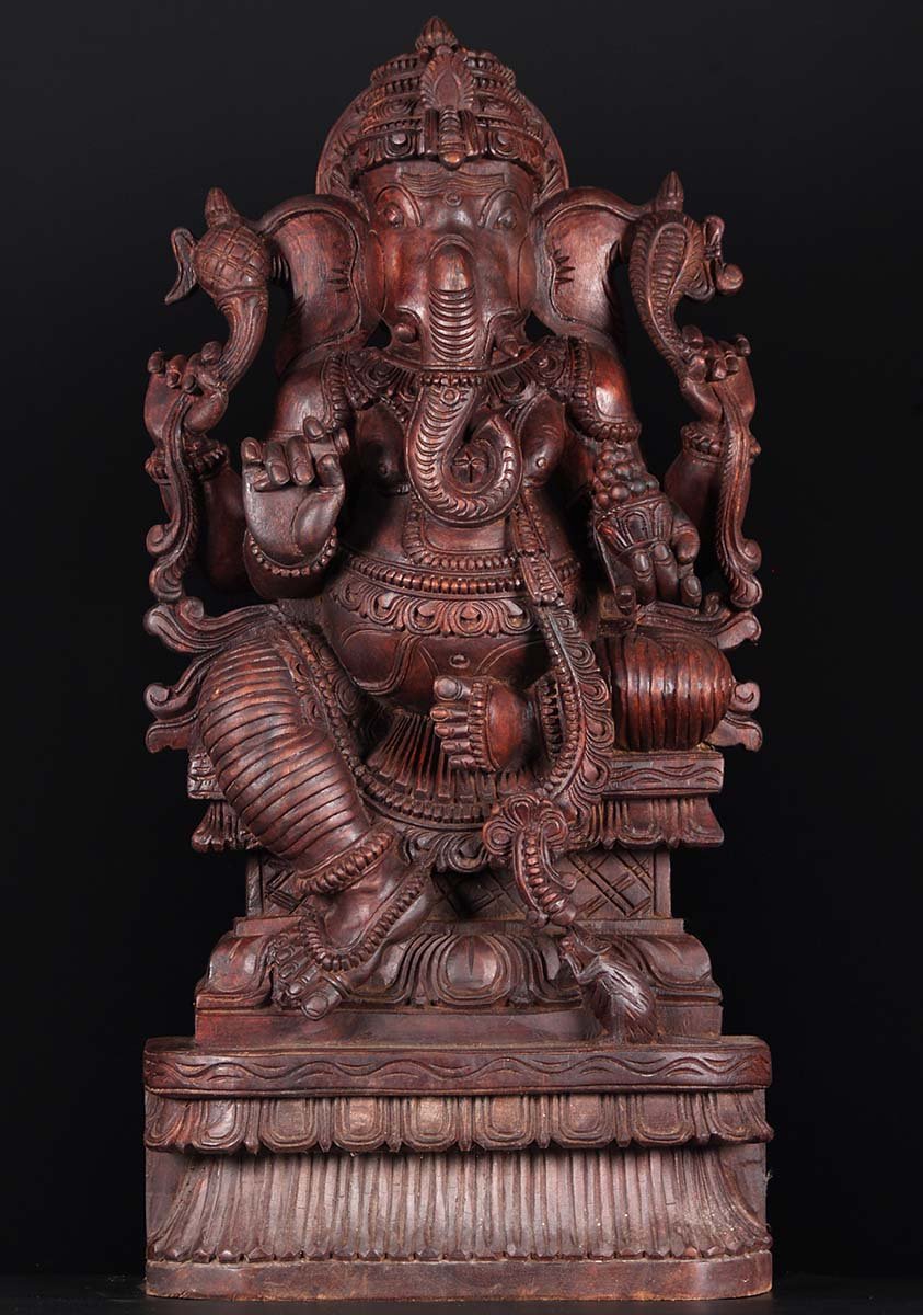 Wooden Seated Ganesh Statue 36"