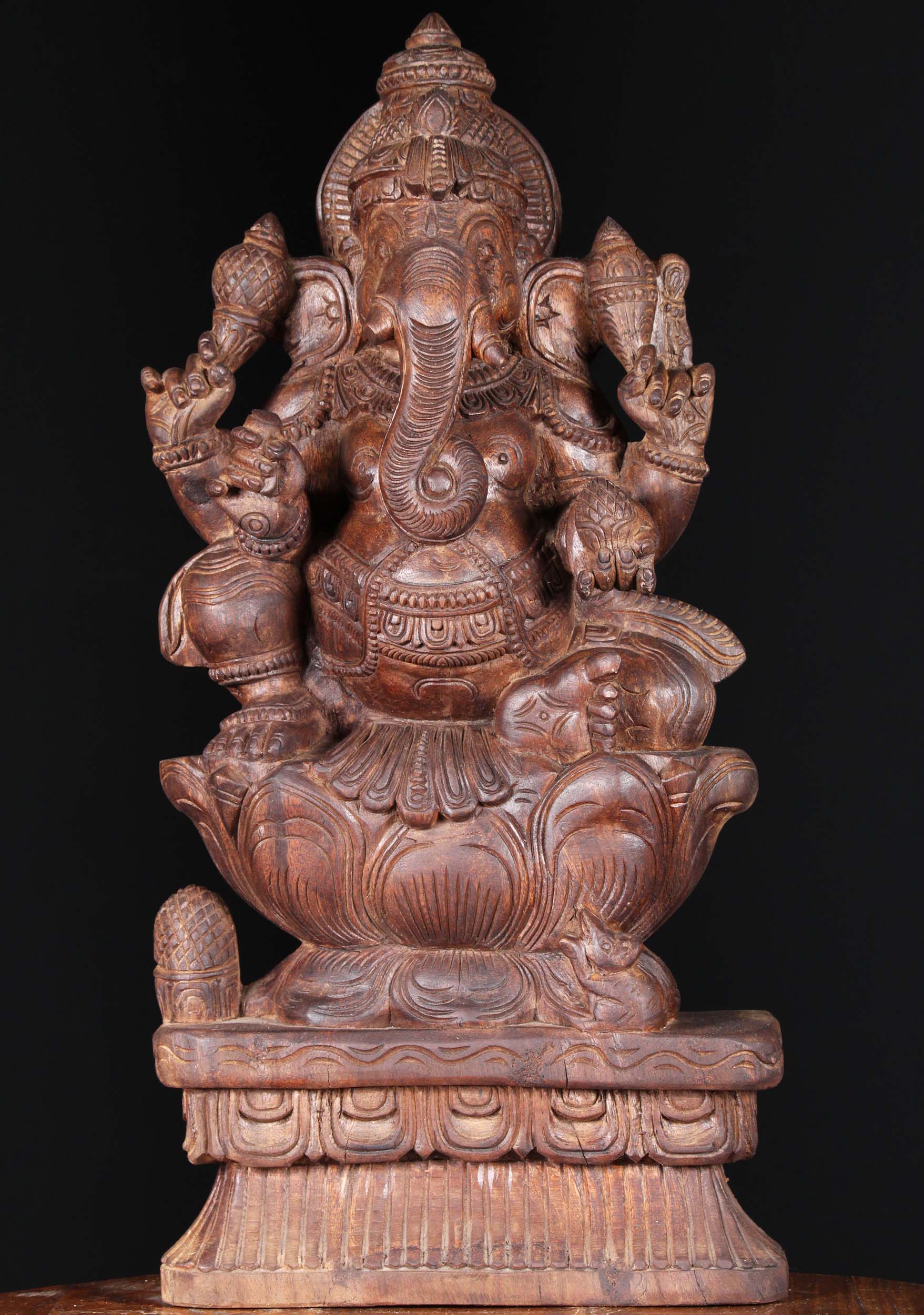 SOLD Wood Ganesh Statue Seated atop a Lotus Base 24