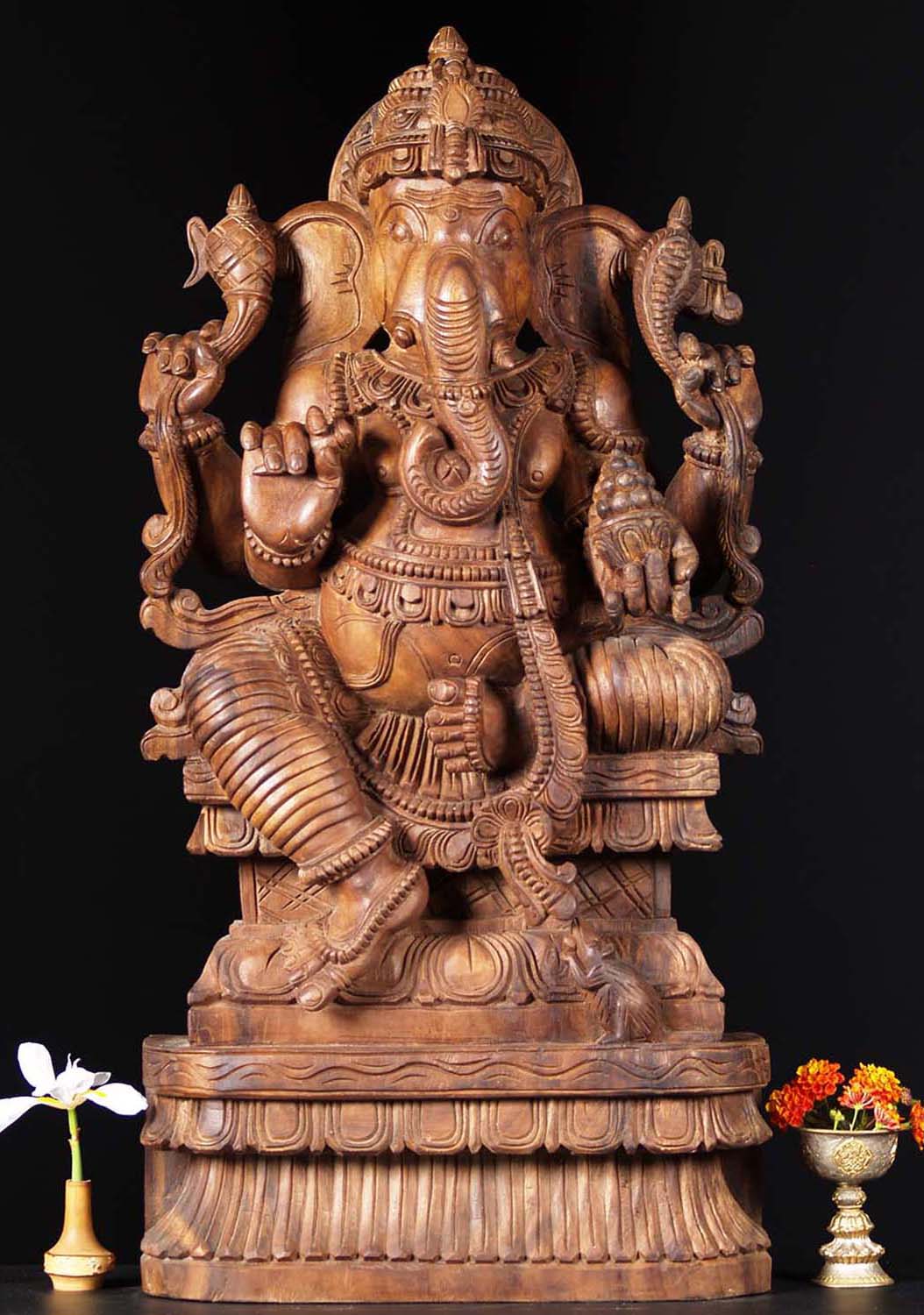 Wooden Seated Ganesh Sculpture 36"