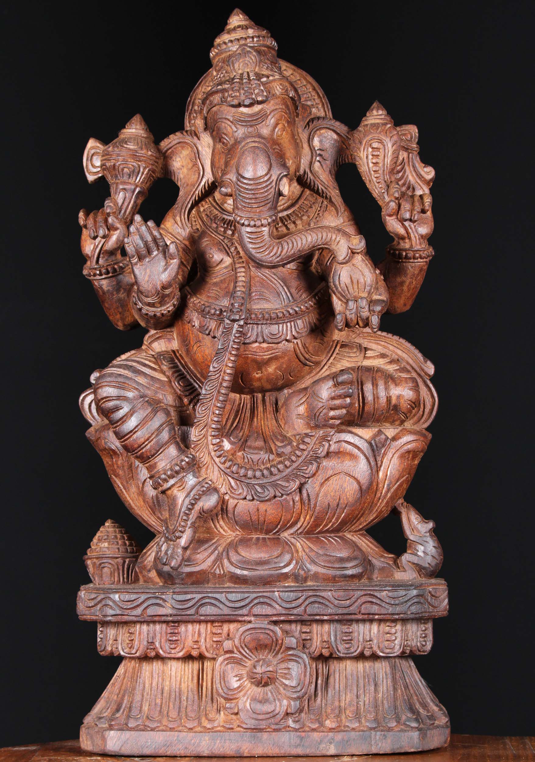 Wood Abhaya Ganesh Statue Holding Mango 24"