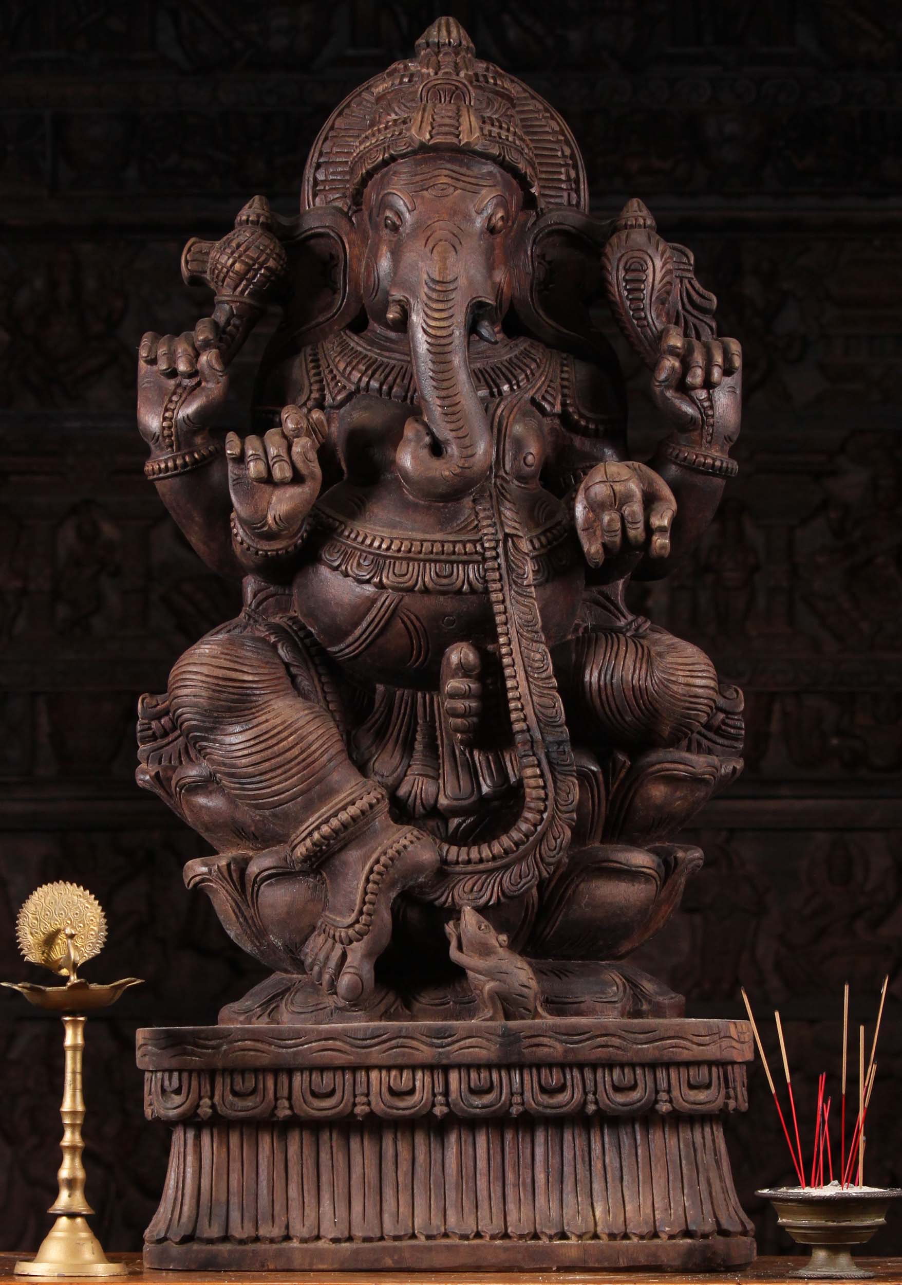 Wooden Ganesha Carving Holding Modak 36"