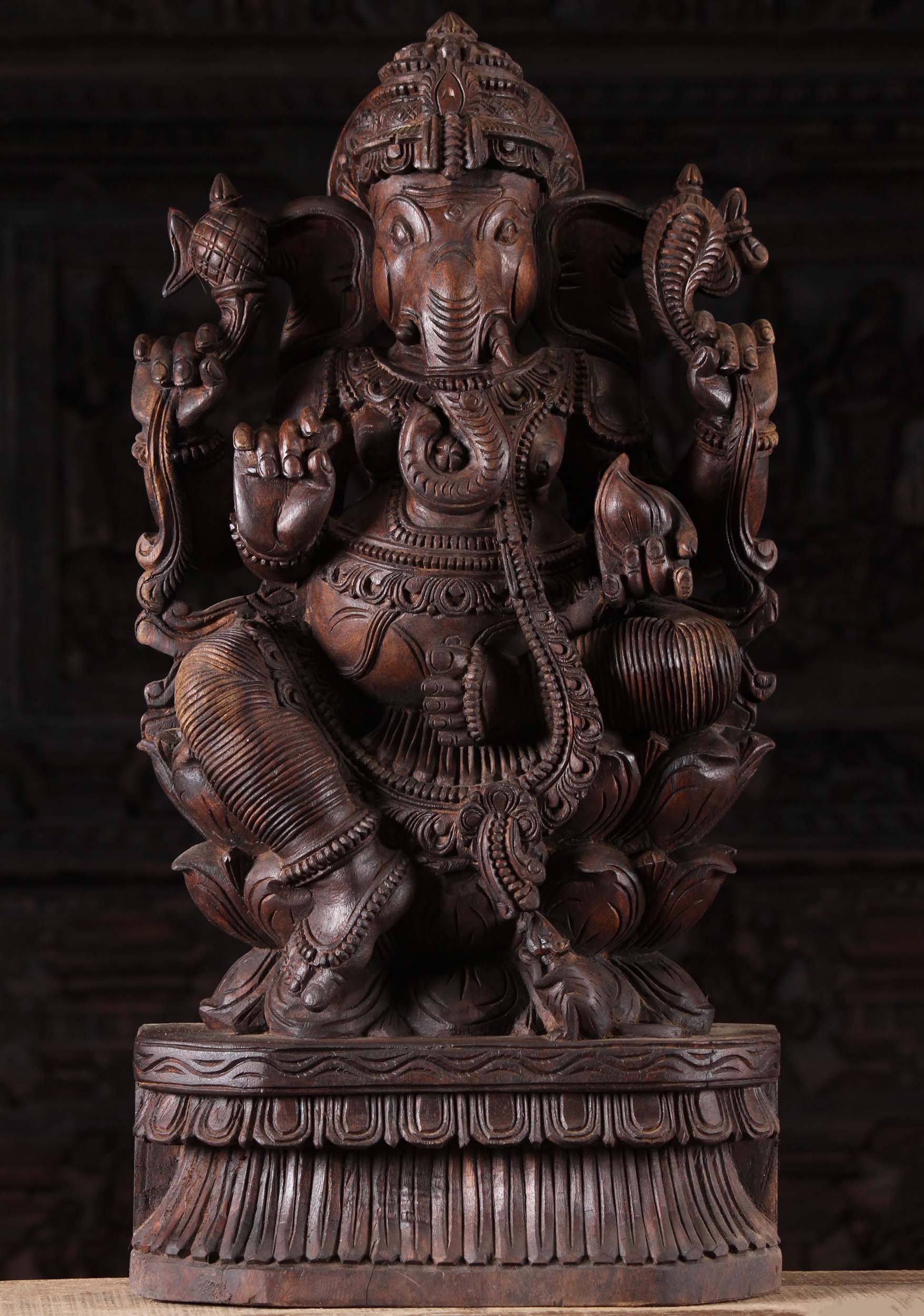 Wood Ganesh Statue Seated on Lotus Base 30"