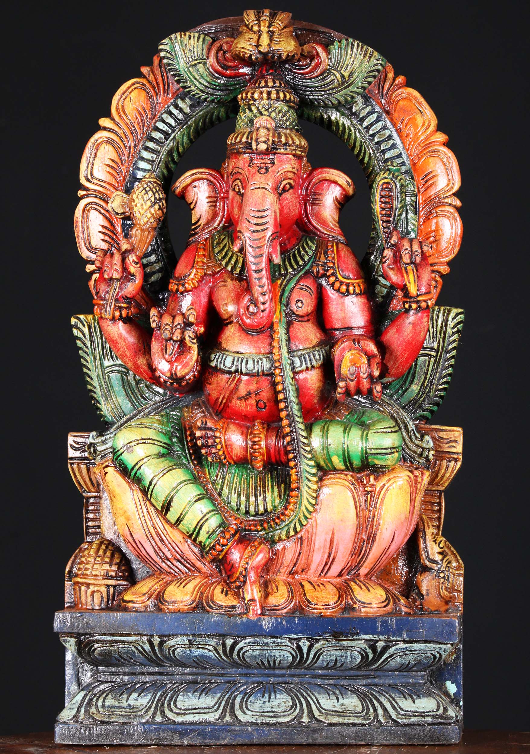 Wooden Painted Ganesha Statue with Arch 18"