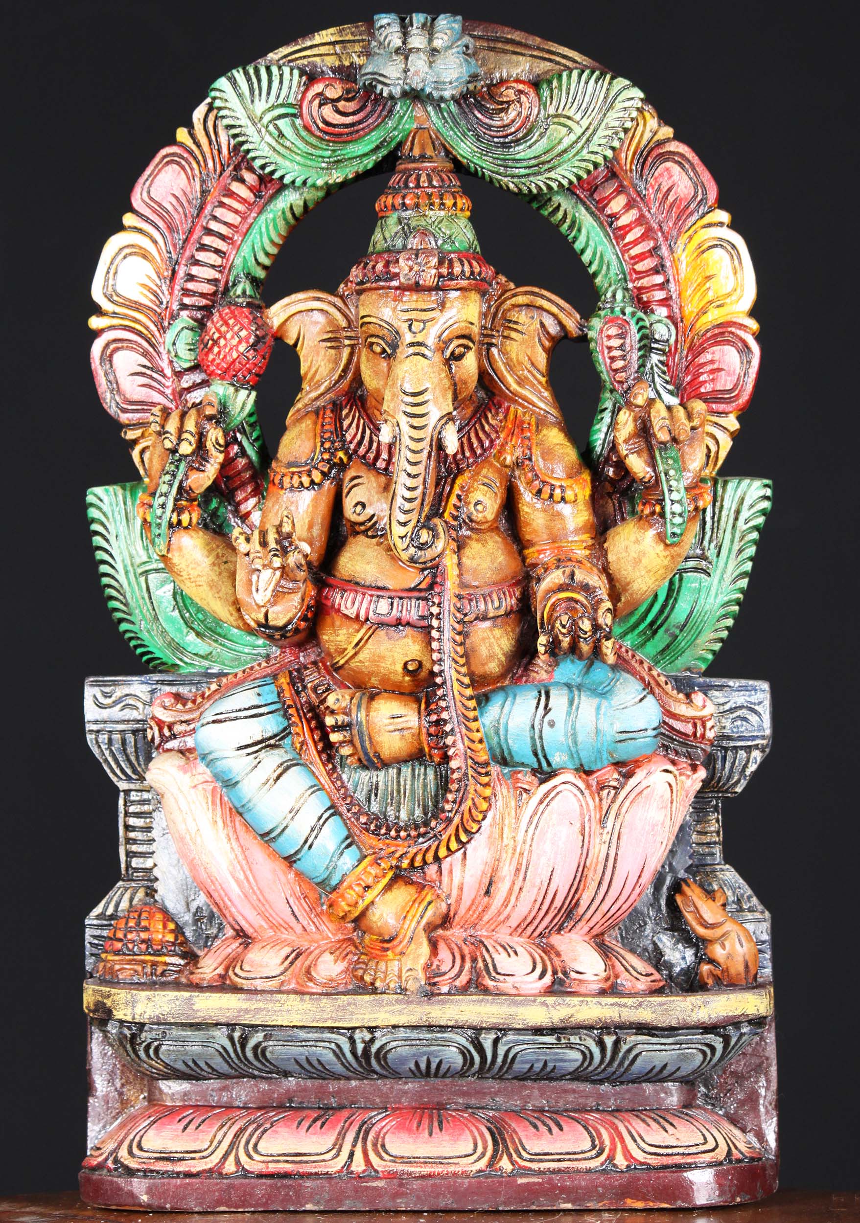 Wooden Painted Ganesha Statue with Arch 18"