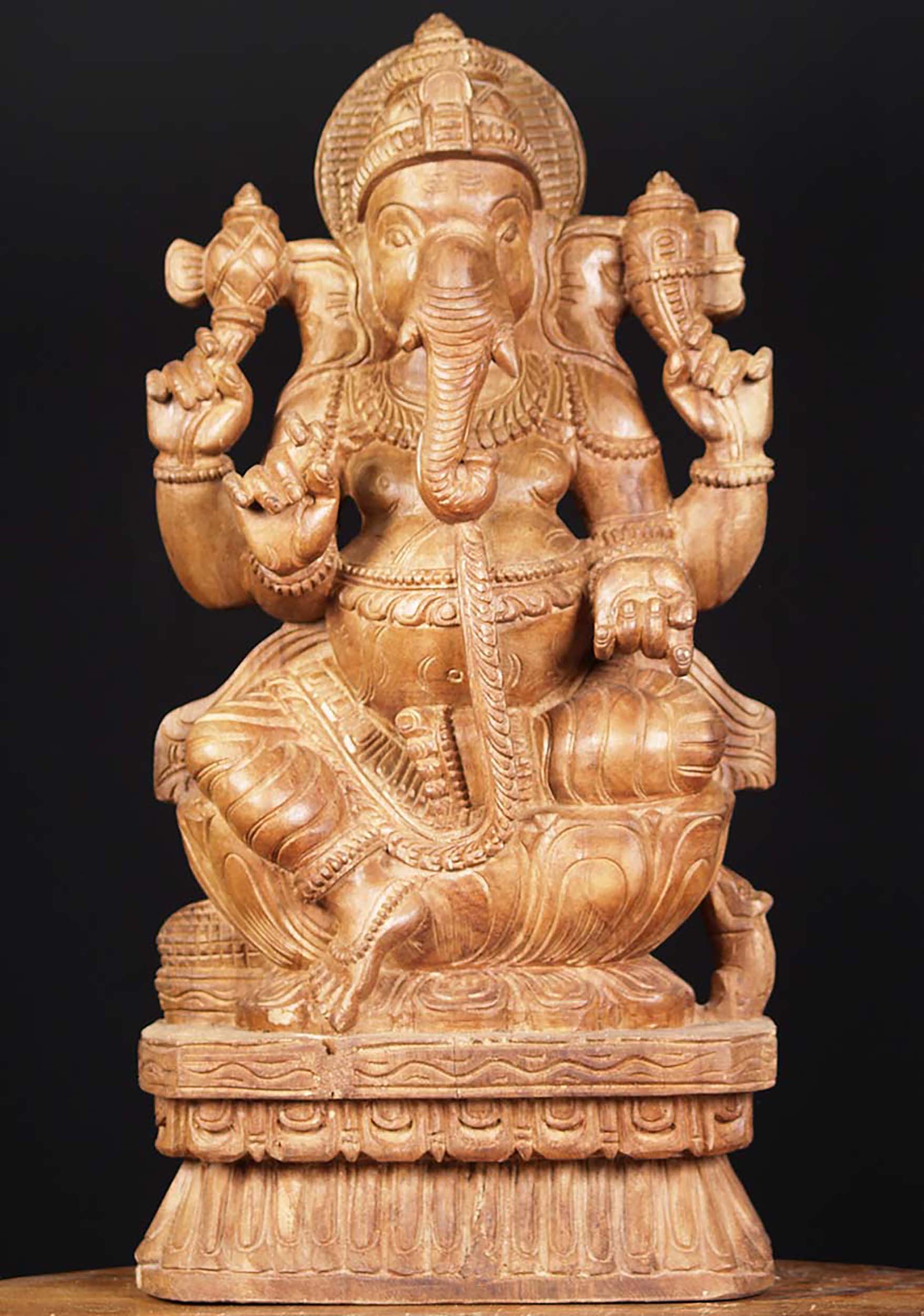 SOLD Wooden Seated Hindu God Ganesha Statue 24