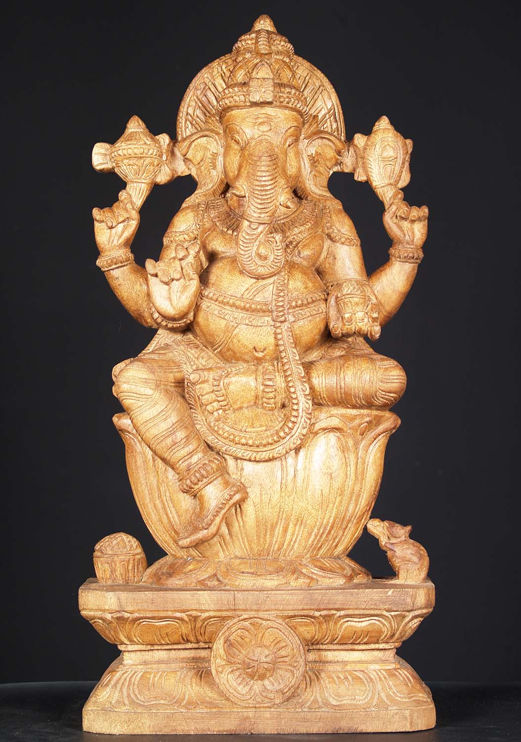 Wooden Ganesha with Rat Statue 24"