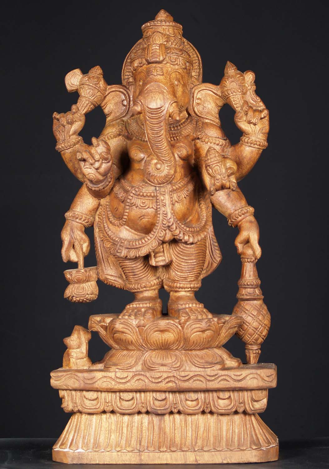 Wooden Ganesha Statue Standing With Club 24"