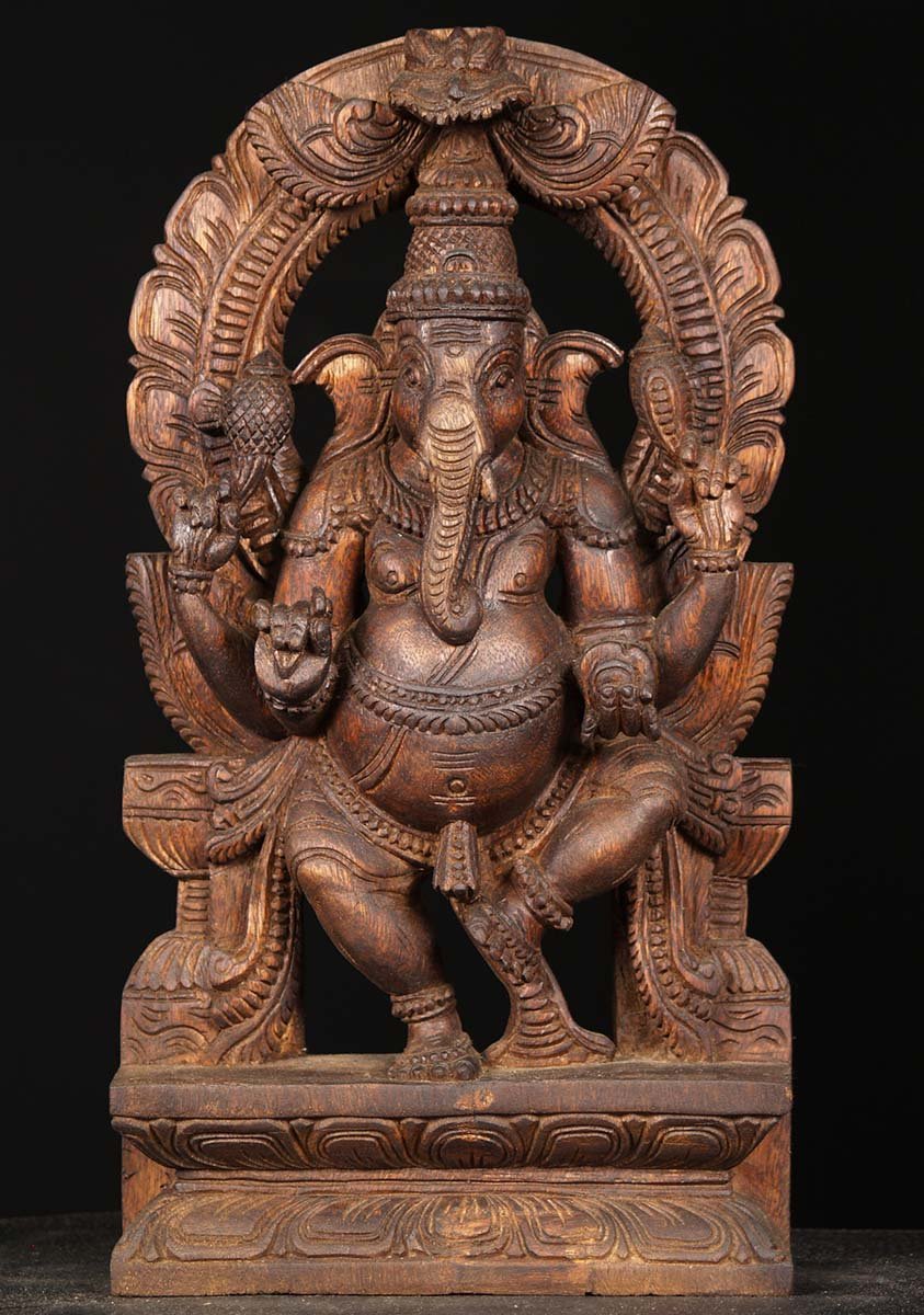 Wood Ganesha Statue With Arch 18"