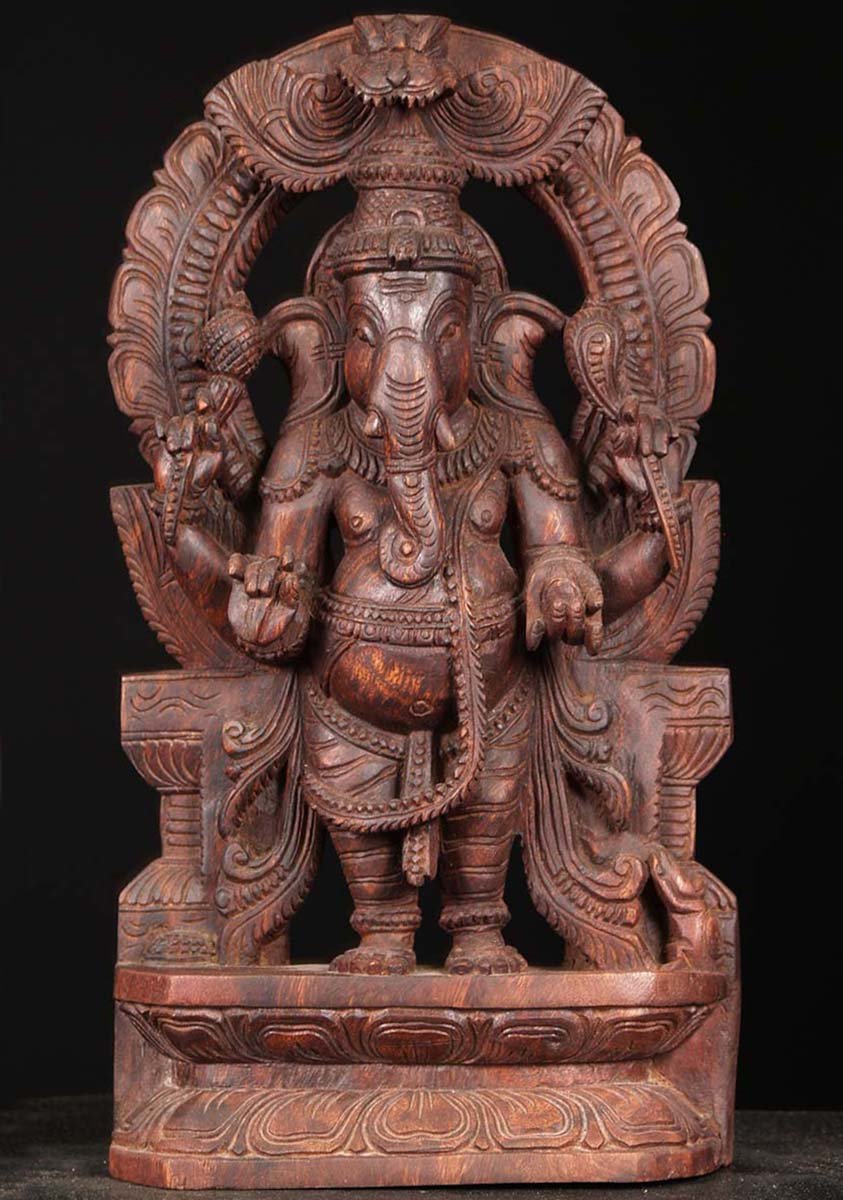 Wood Ganesha Statue With Arch 18"