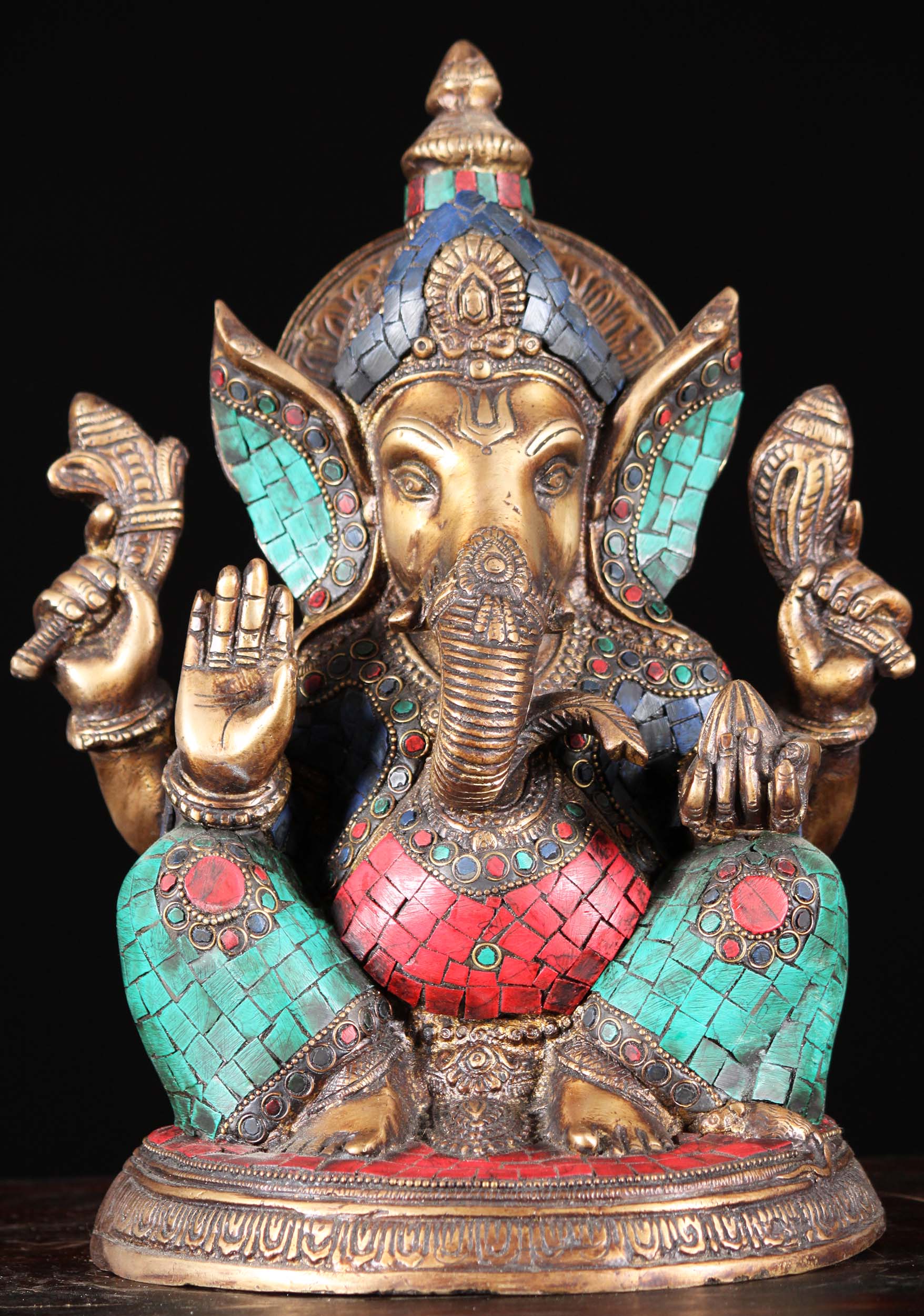 Brass Abhaya Mudra Ganesh with Colored Stones 11"