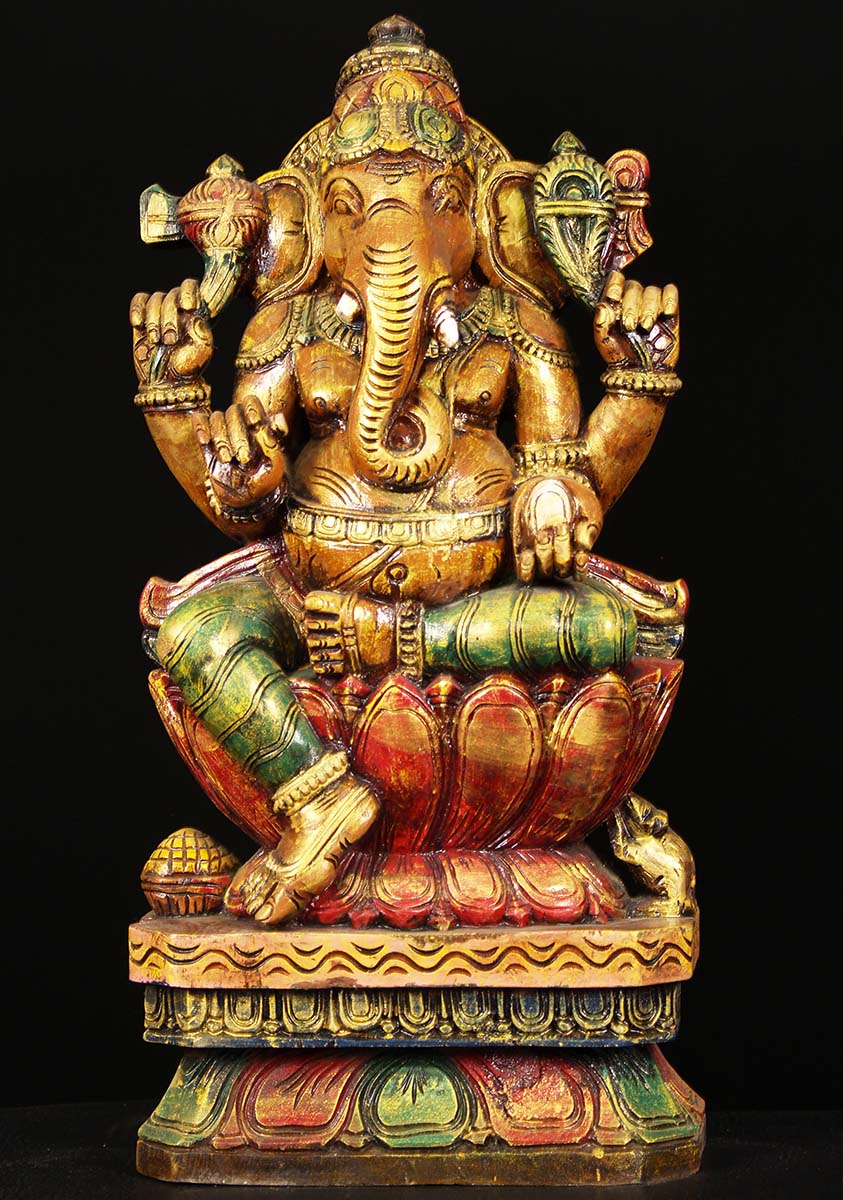 Wooden Seated Ganesha Sculpture 24"