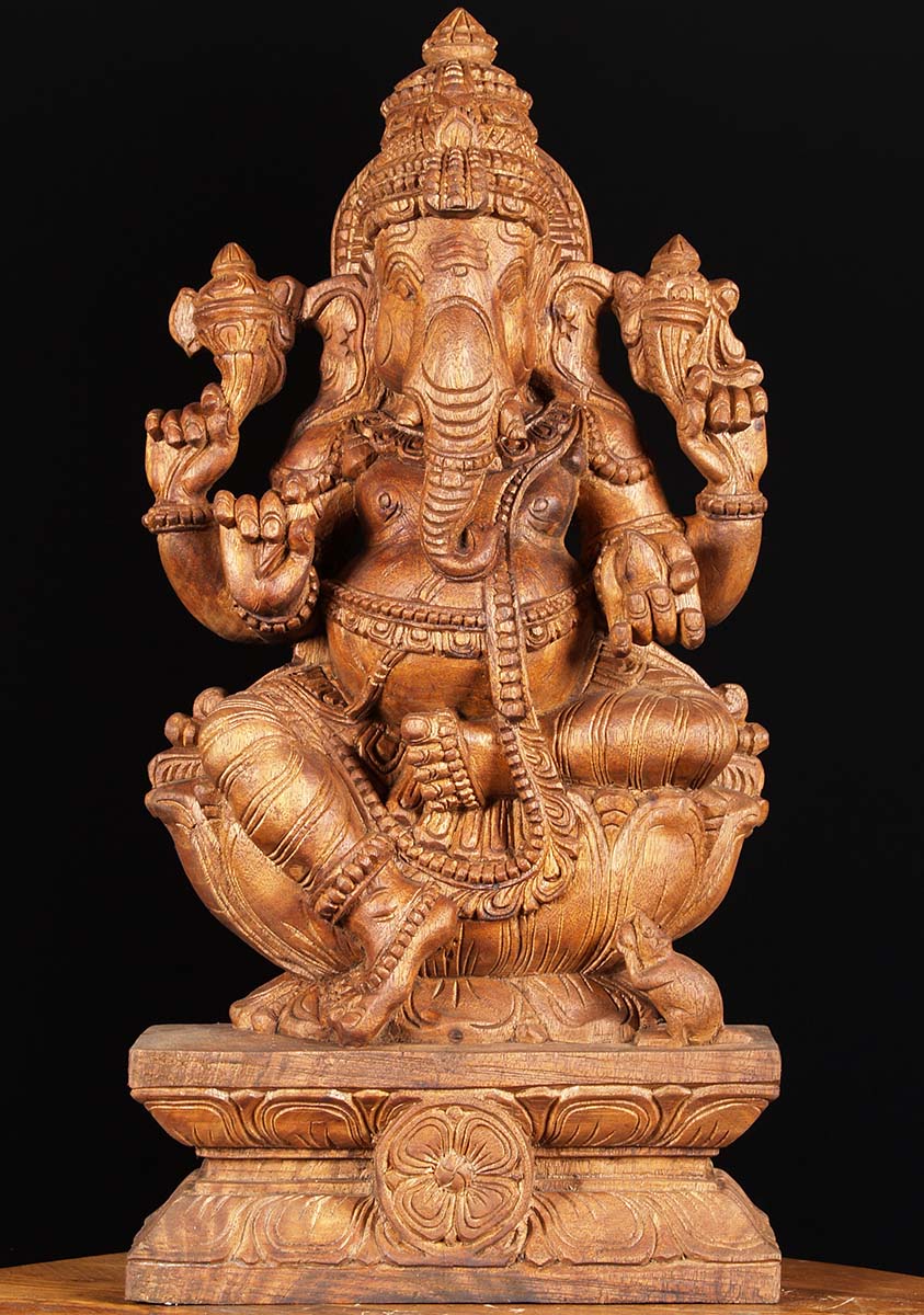 Wooden Seated Ganesha Statue 24"