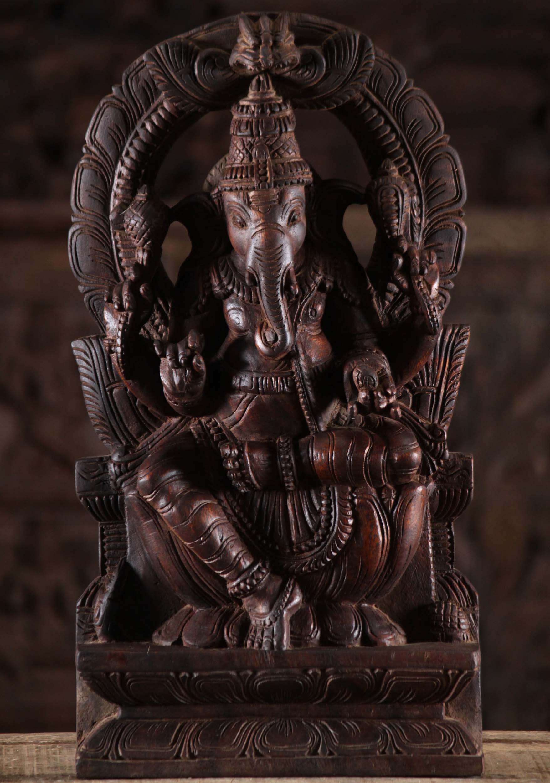 Wooden Seated Ganesha with Mahakala Arch 18"