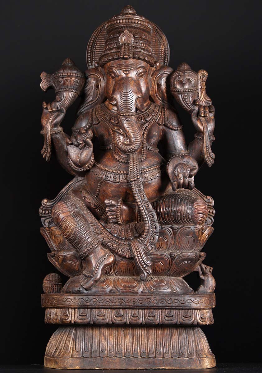 Wooden Seated Ganesha Statue 36"