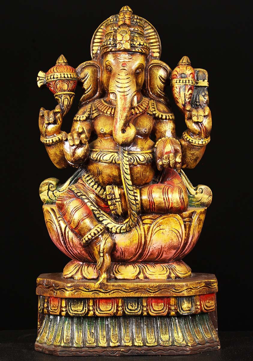 Wooden Seated Ganesha Sculpture 24"