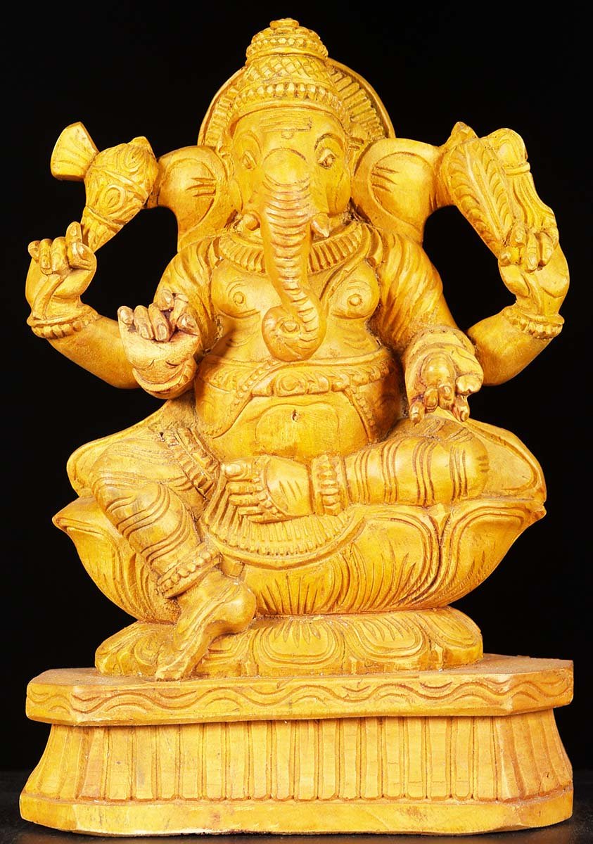 SOLD Wooden Yellow Colored Ganesh 12" (#76w6z6): Hindu Gods & Buddha