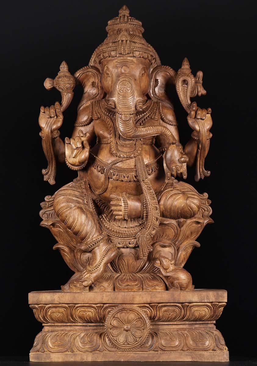 Wooden Seated Ganesha Statue 36"