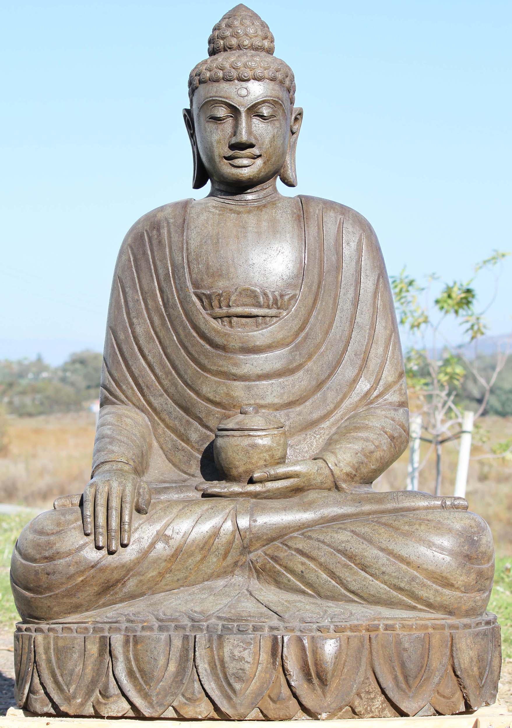 SOLD Stone Buddha Statue Holding Alms Bowl 42