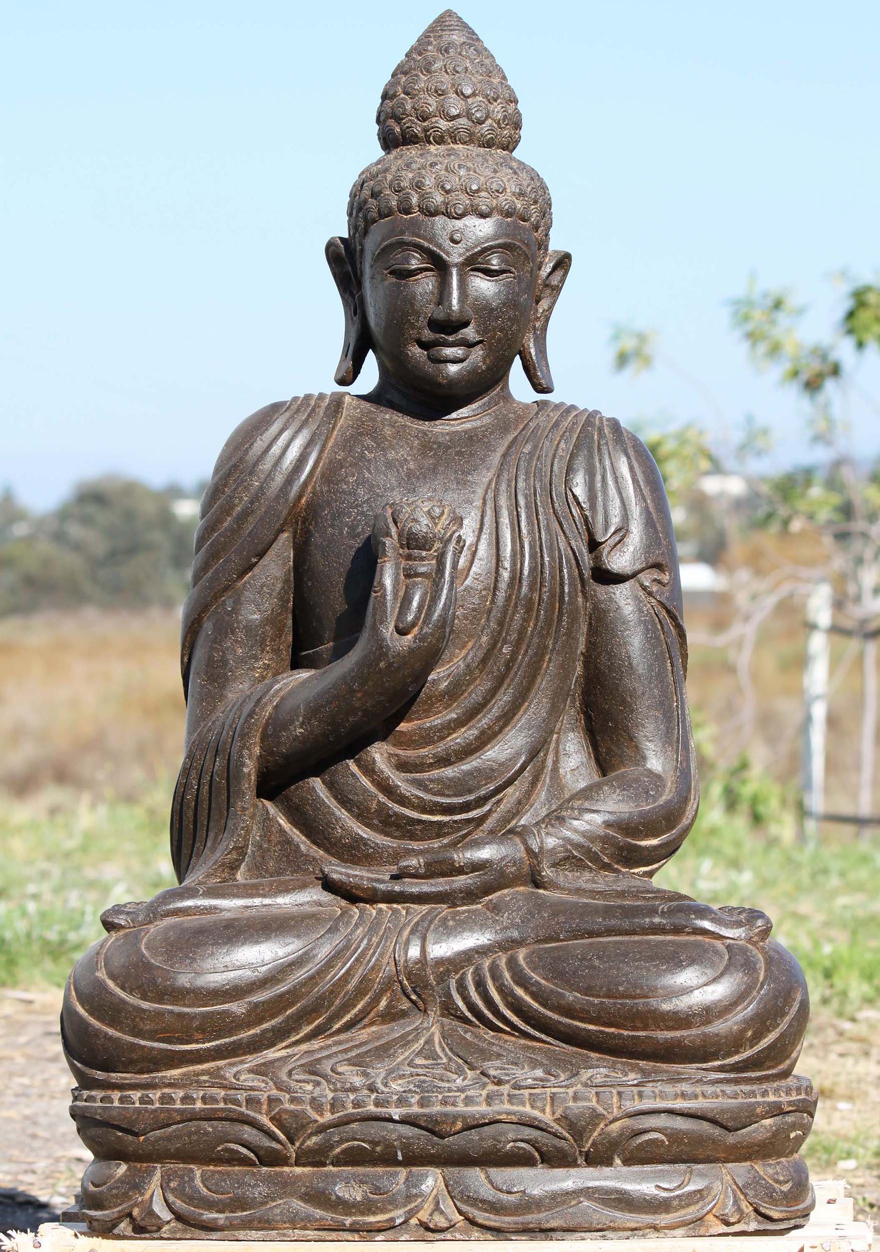 SOLD Stone Garden Buddha Holding Flower 32