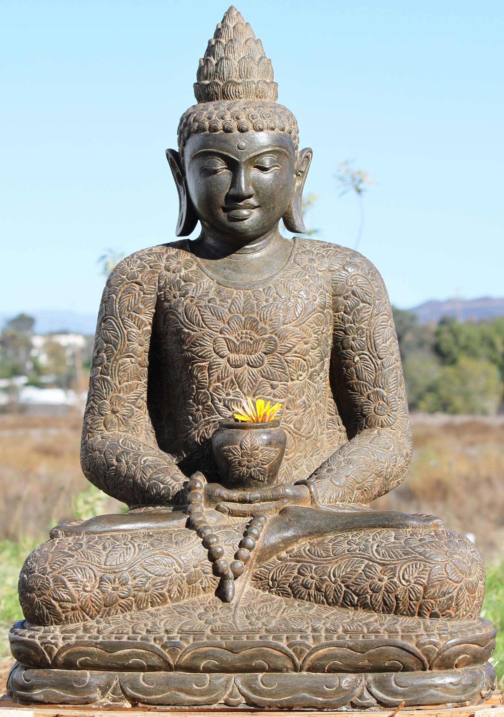 Stone Buddha With Alms Bowl & Mala Beads 35"