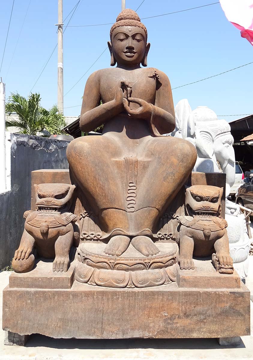 Large Stone Maitreya Buddha in Dharmachakra Mudra with Foo Dogs on Base 83"