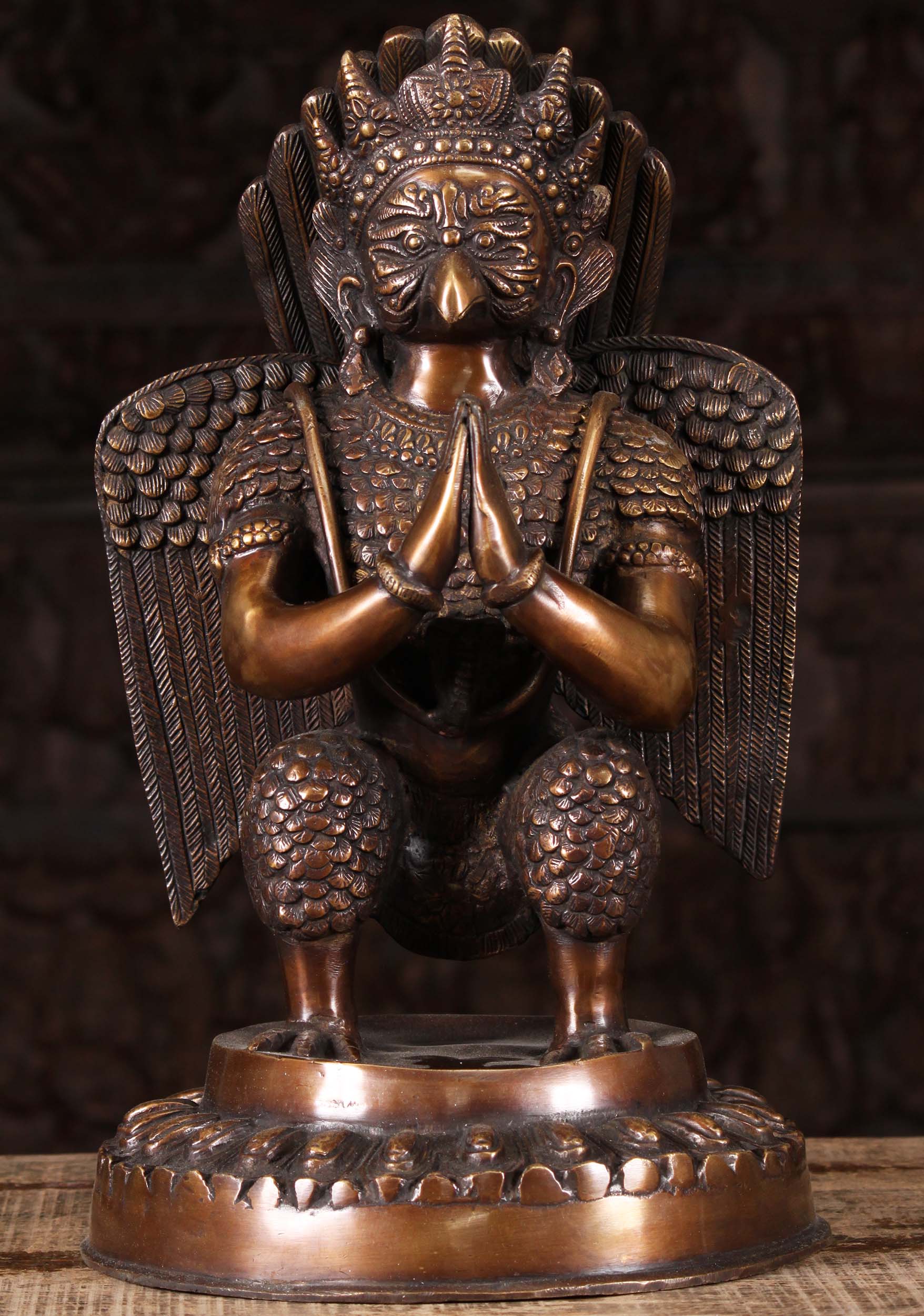 Brass Sculpture of Vishnu's Vehicle Garuda, the Eagle King in Anjali Namaste Mudra 18"