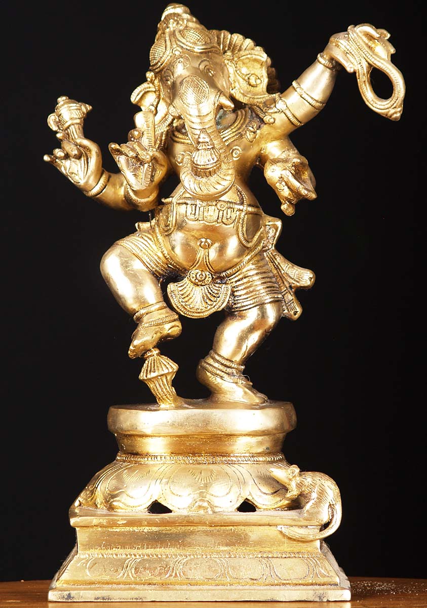 Brass Dancing Ganesh Statue With Rat 12"