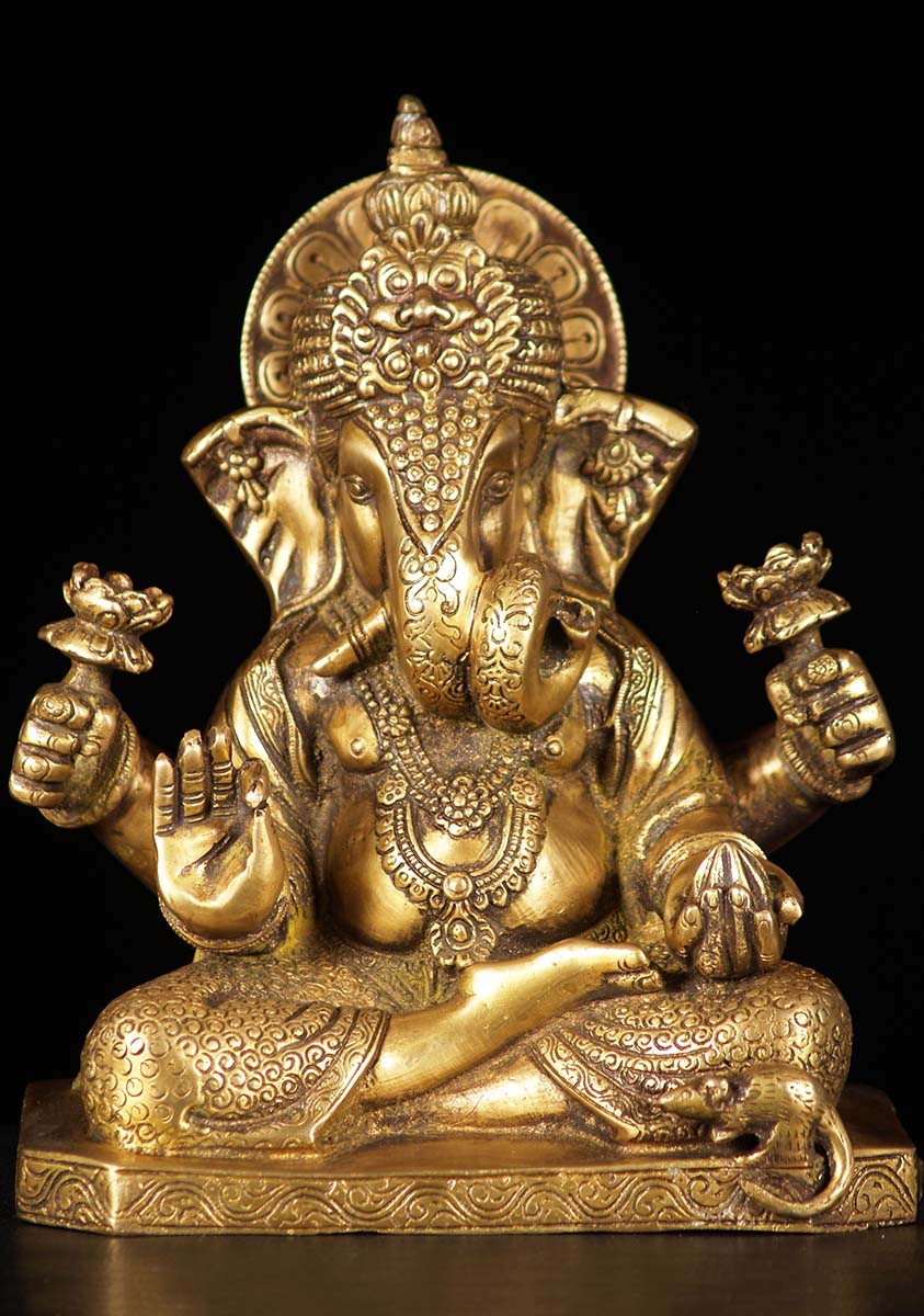 Brass Ganesh Curled Trunk & 2 Lotus Flowers Seated in Vitarka Teaching ...