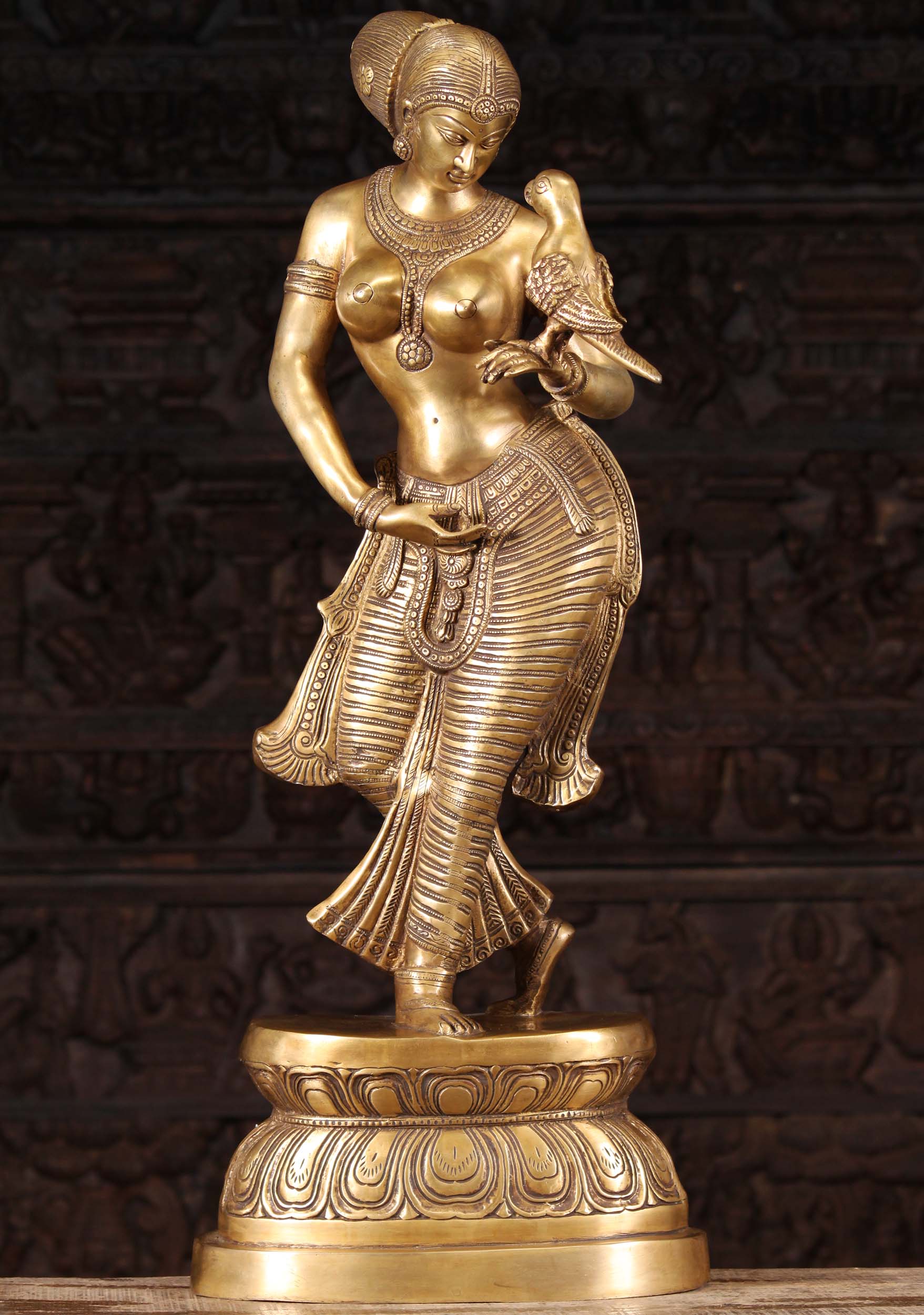 Brass Statue of Parvati as Meenakshi of Madurai with Parrot Perched on Her Right Hand 36"