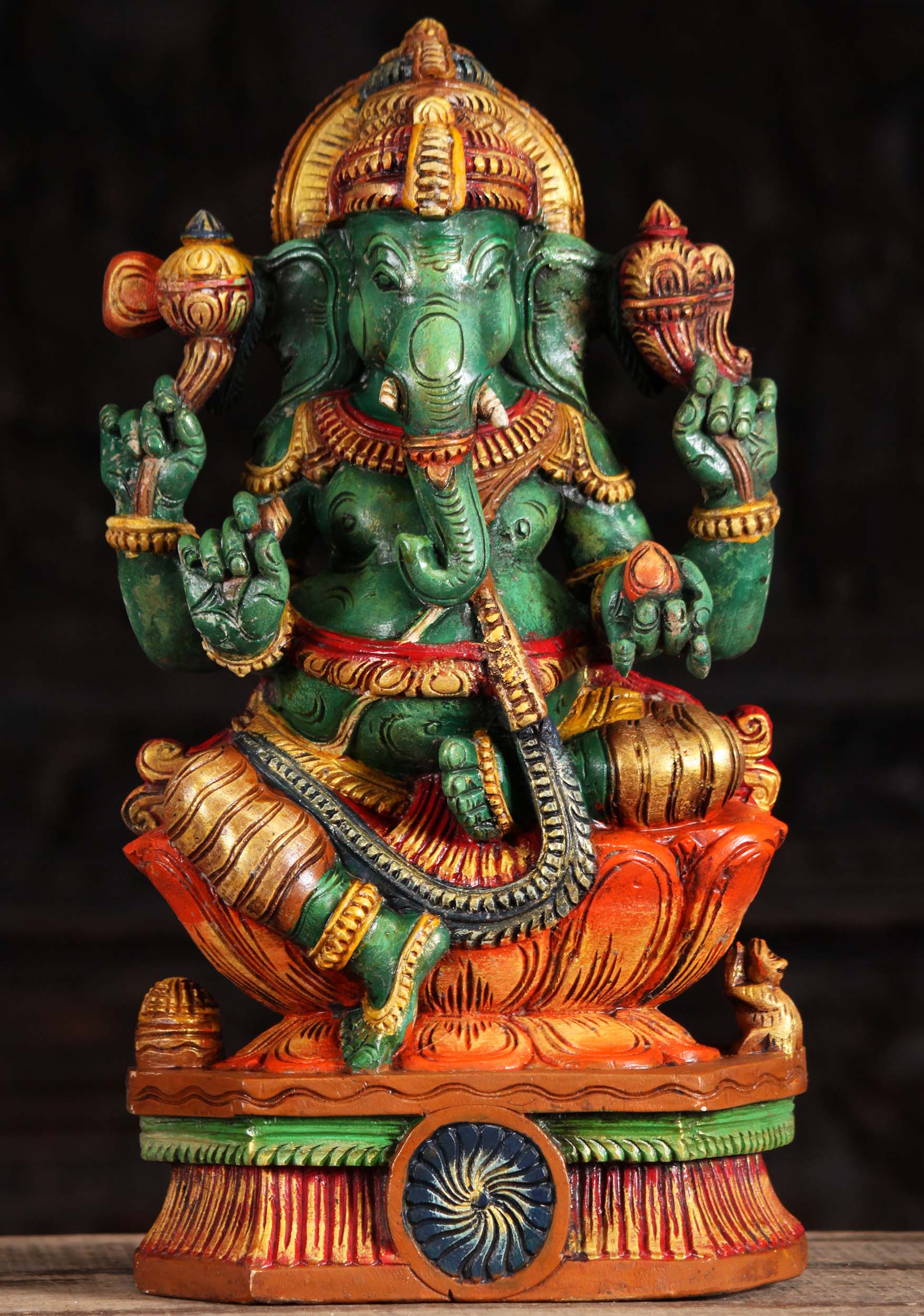 Wooden Seated Green Ganesh with Rat 18"