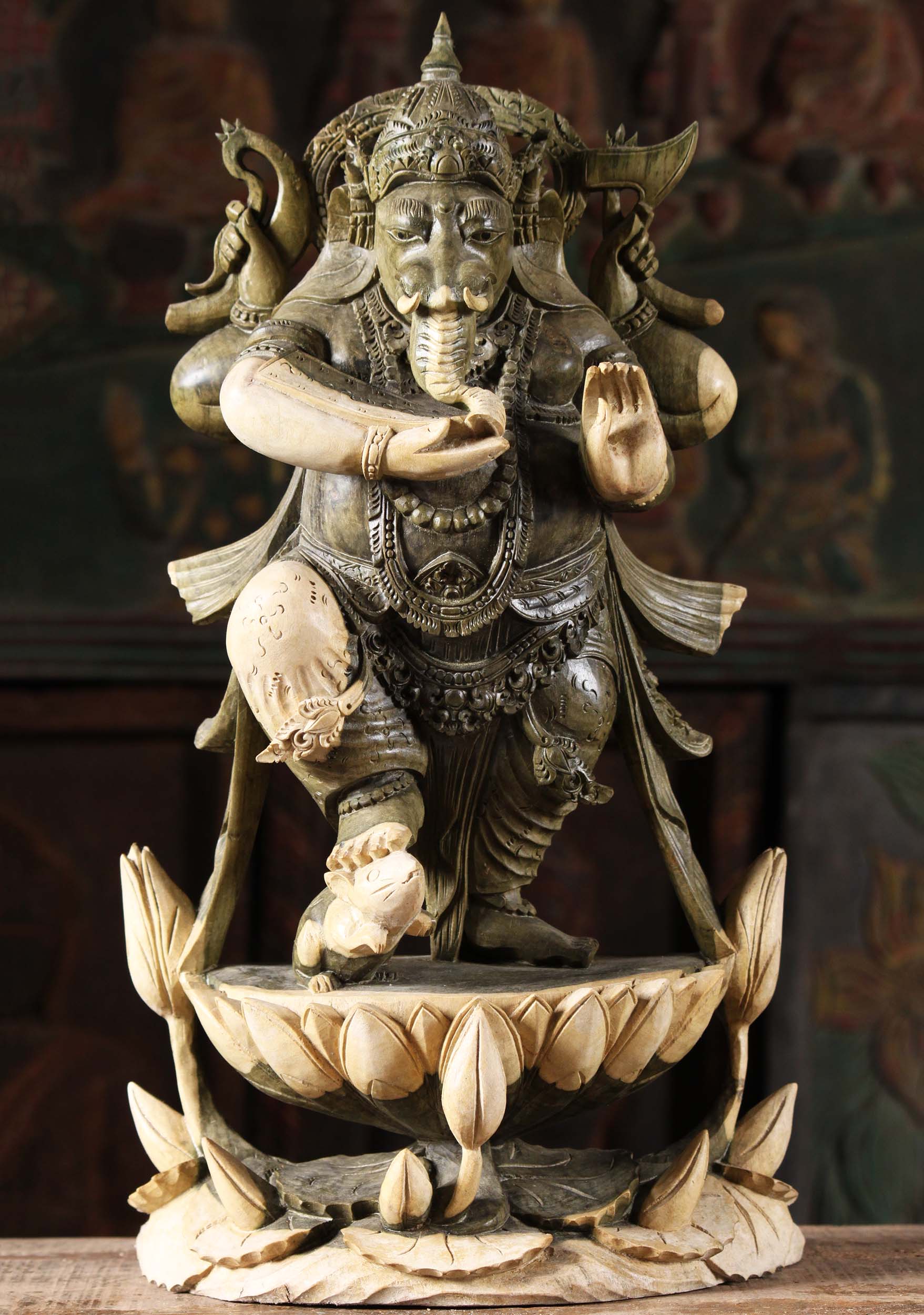 Green Hibiscus Wood Dancing Ganesha 18"