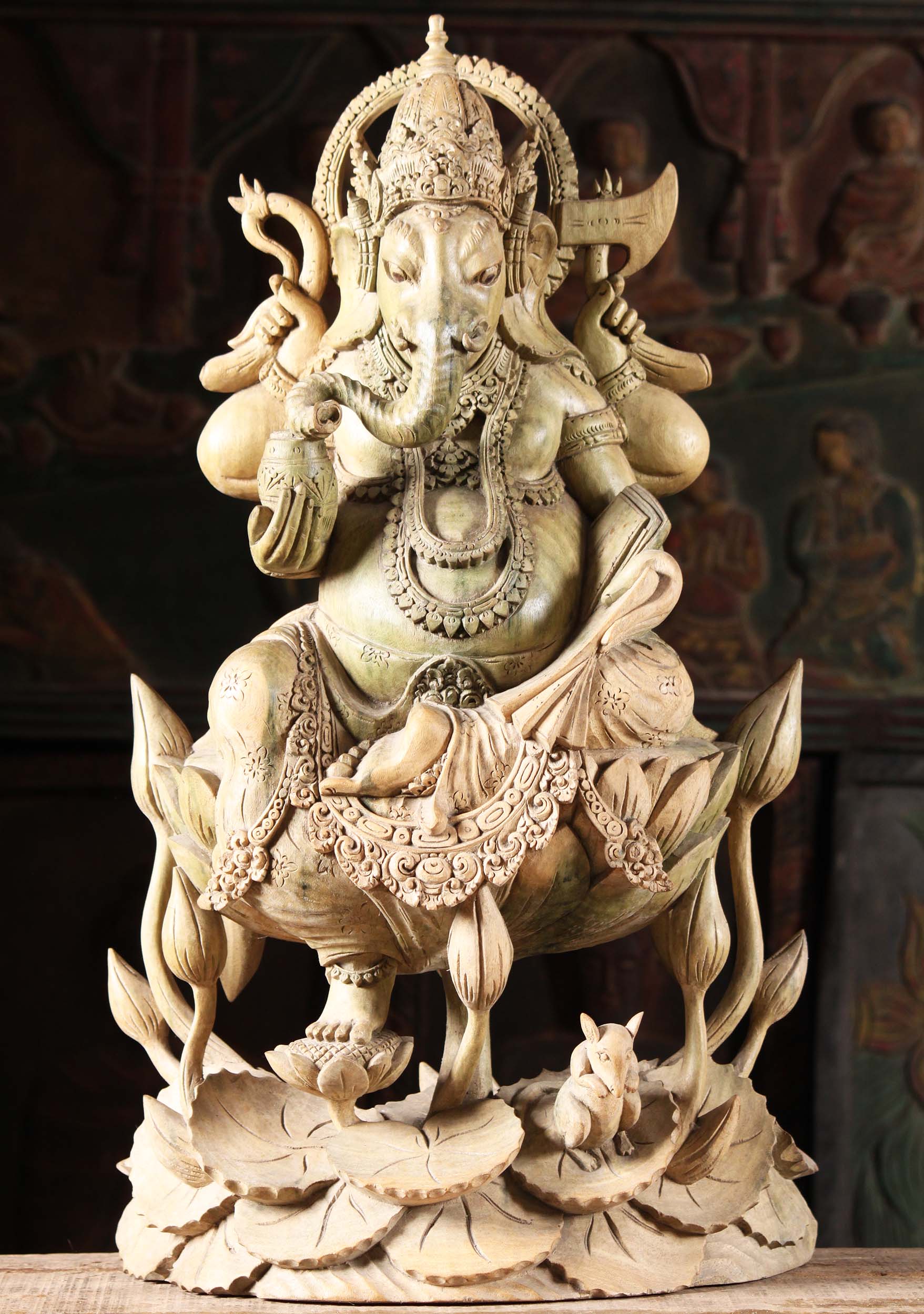 Green Hibiscus Wood Ganesha Statue 24"