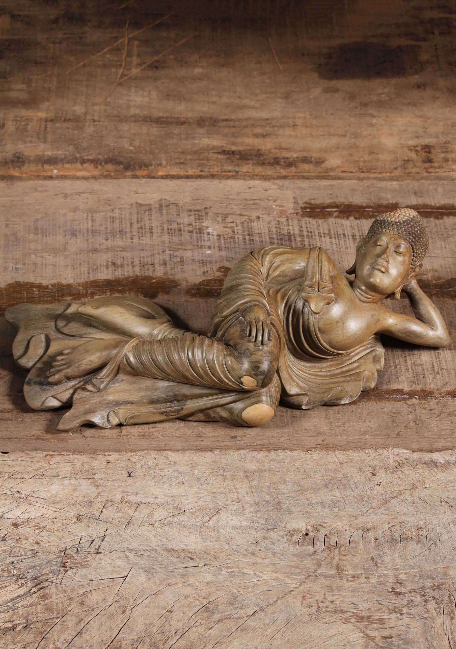 Green Hibiscus Wood Reclining Buddha Statue Hand Carved by Nyoman in Ubud, Bali 20"