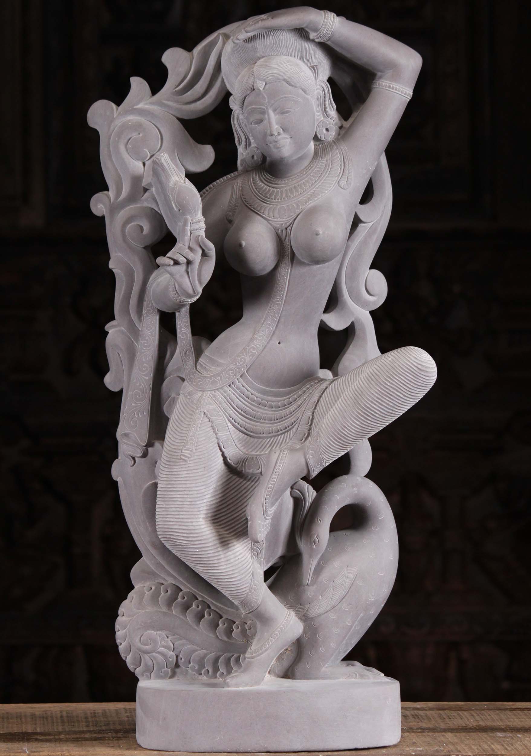 Marble Dancing Saraswati Statue With Swan 26"