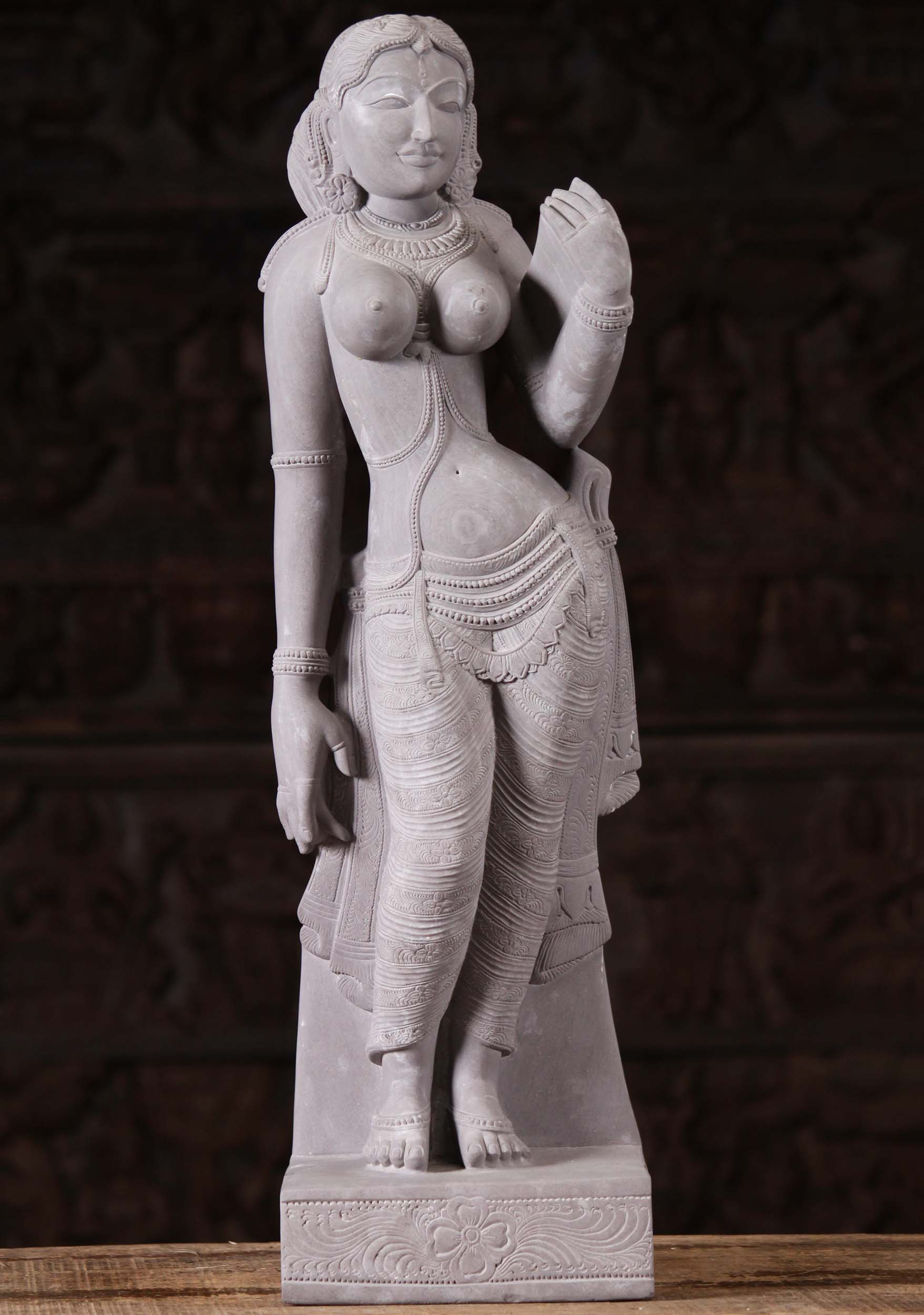 Marble Uma Devi Statue Gazing at Her Reflection in a Mirror with Almond Shaped Eyes 25"