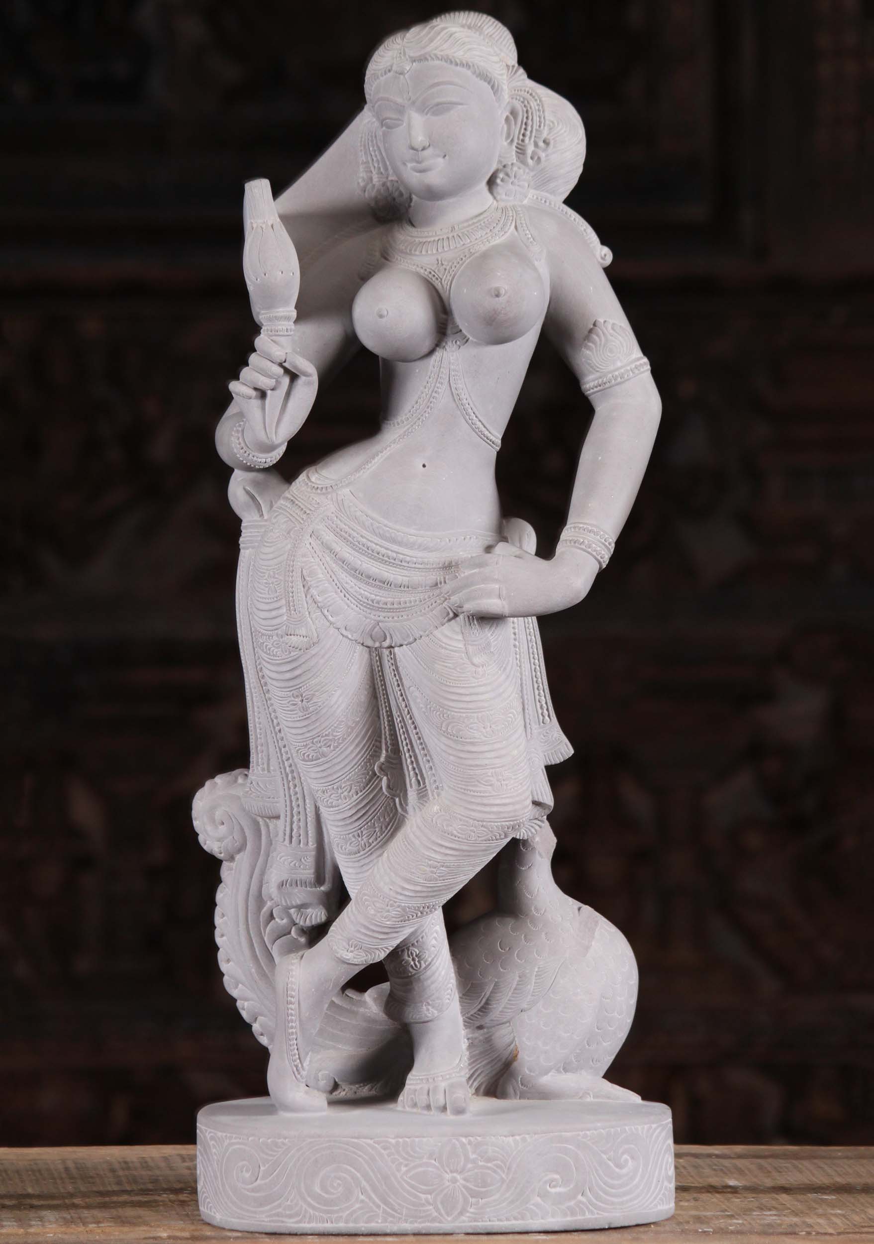 Marble Parvati Statue with Lotus & Peacock 23"