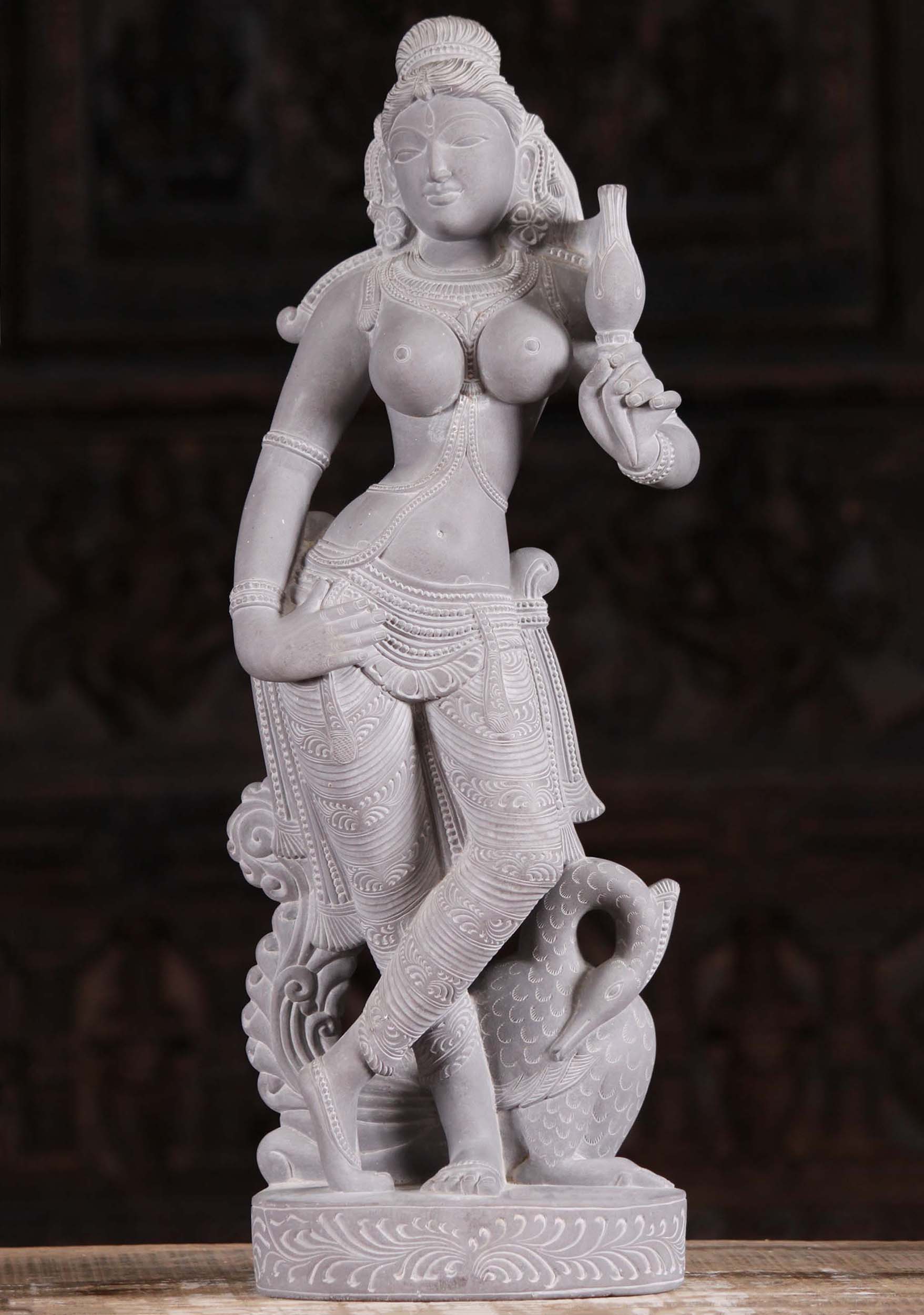 Grey Marble Saraswati with Her Vehicle a Swan 21"