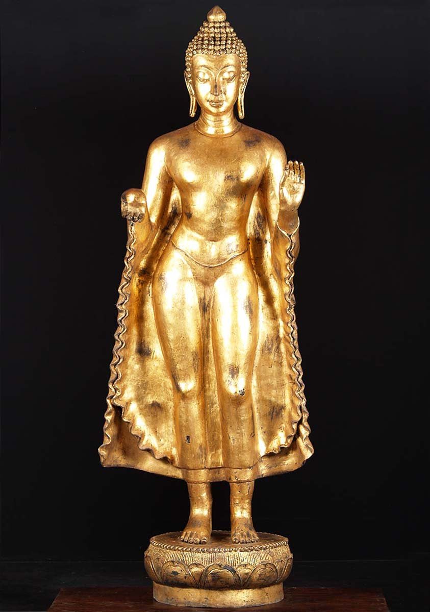 Large Stunning Golden Standing Buddha Statue in Gupta Style in Teaching Vitarka Mudra 73"