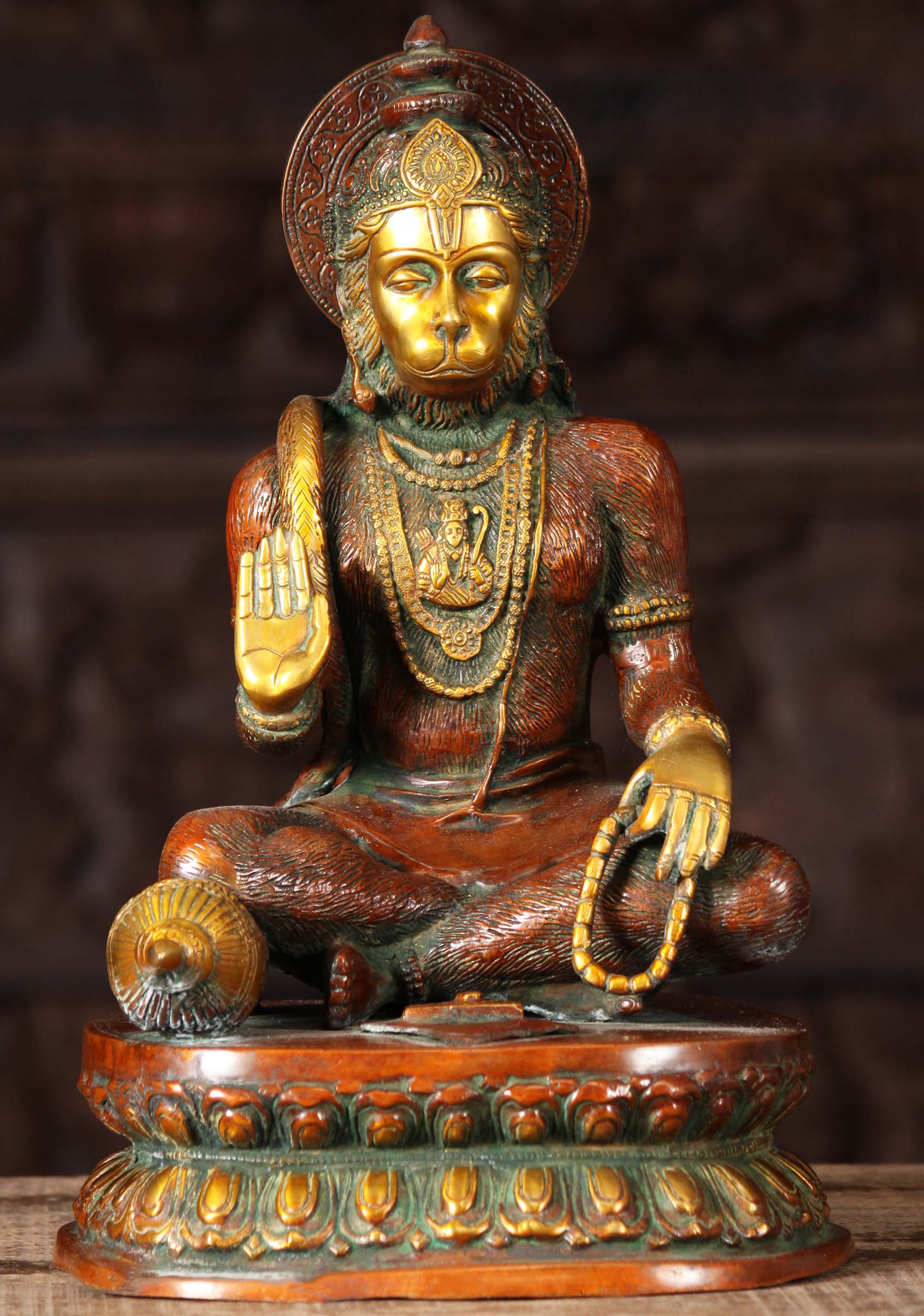 Brass Seated Abhaya Mudra Hanuman Statue with Rama on His Heart with Club Holding Malas 15"