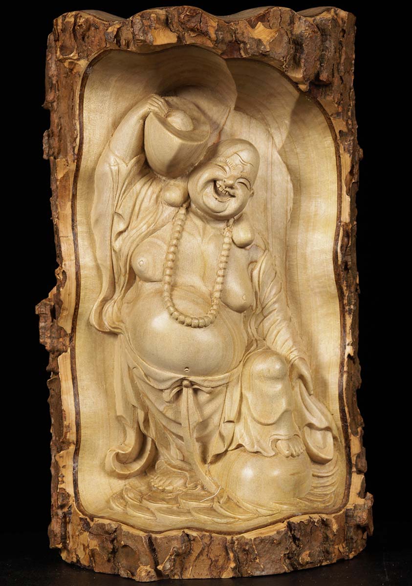 Wooden Fat & Happy Buddha Wall Hanging 11"