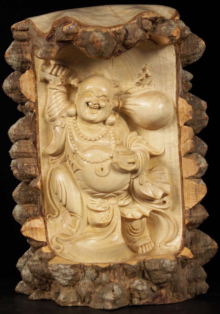 Happy Wood Carving Buddha 11" No bark RETAKE PICTS