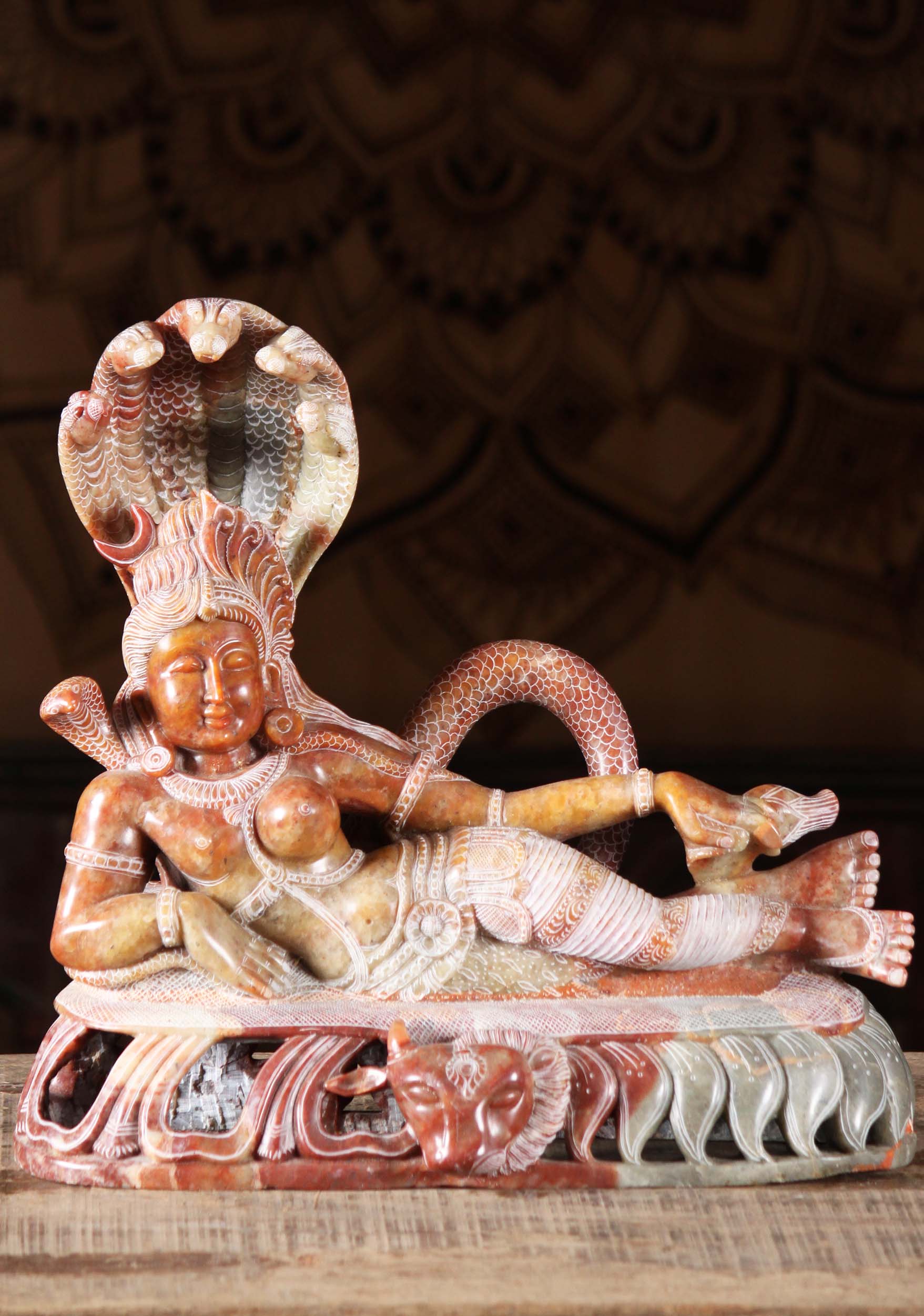 Red Marble Reclining Shiva as Ardhanari Statue 12"