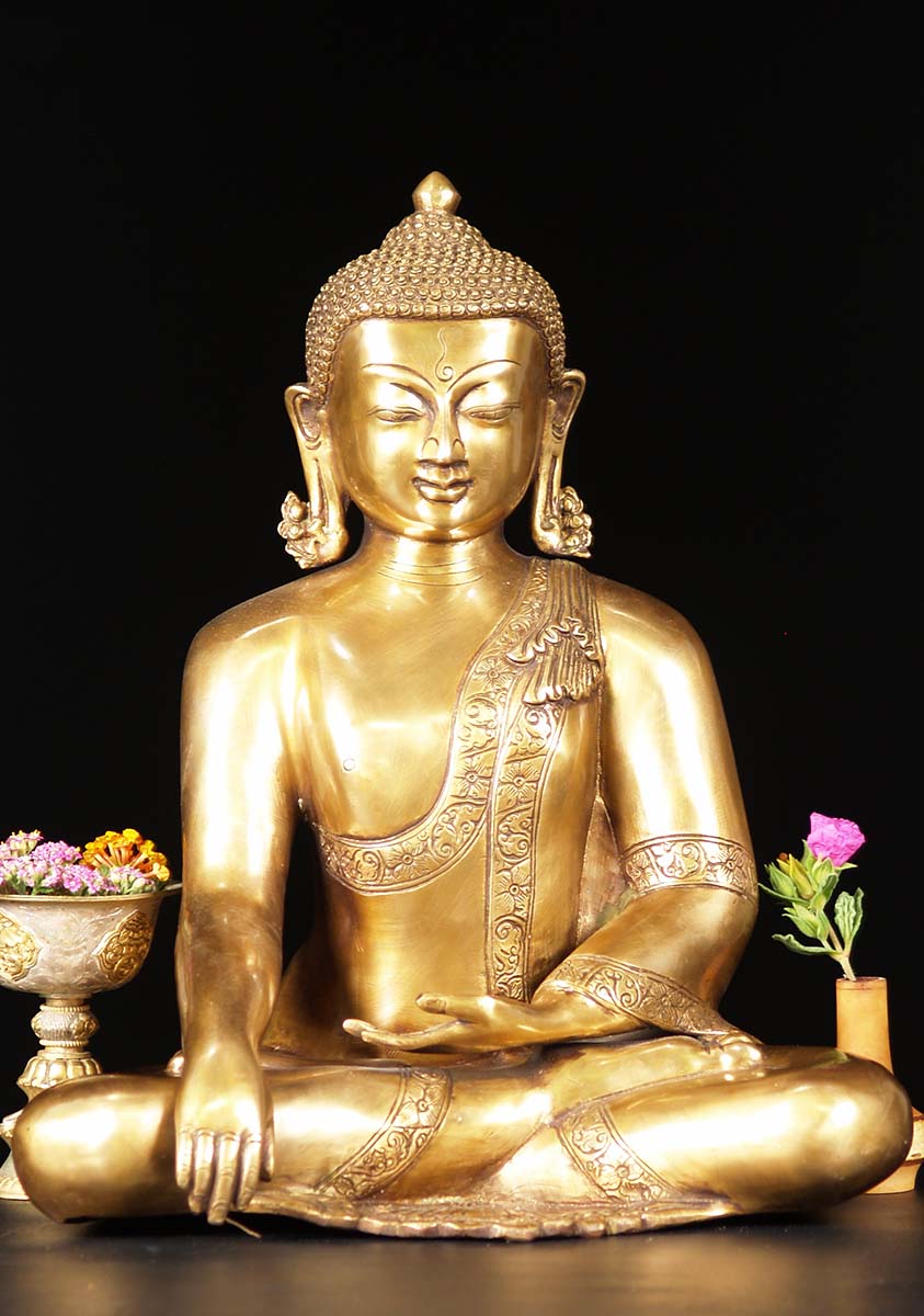 Brass Earth Touching Indian Buddha Statue 15" (72bs31z