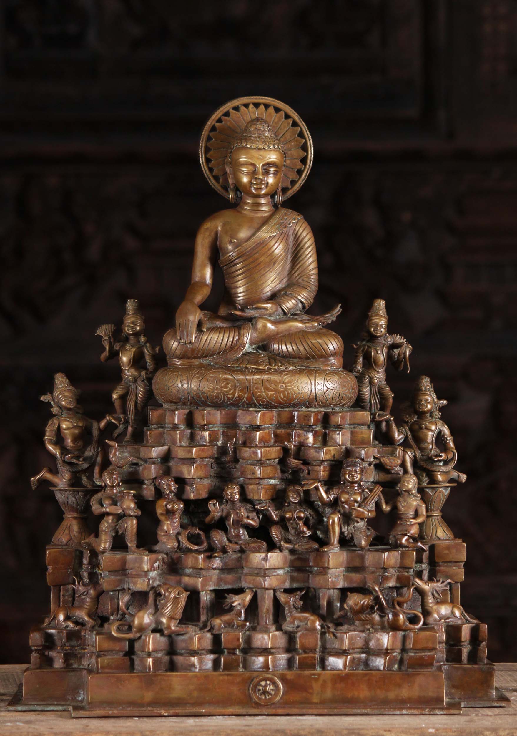 Bronze Kashmiri Buddha Statue with 16 Figures 20"