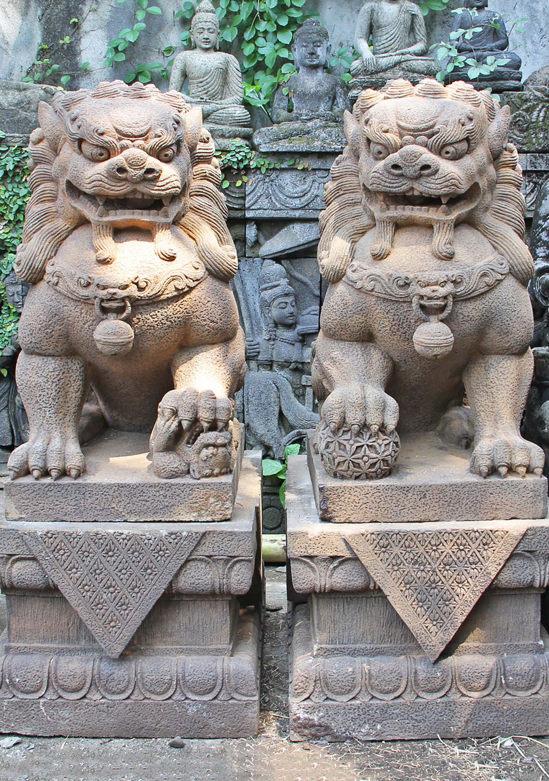 Stone Pair of Guardian Lions or Foo Dogs 51"