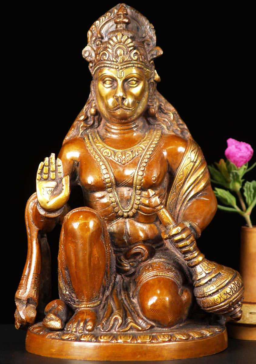 Gold And Copper Brass Kneeling Hanuman Statue 10"