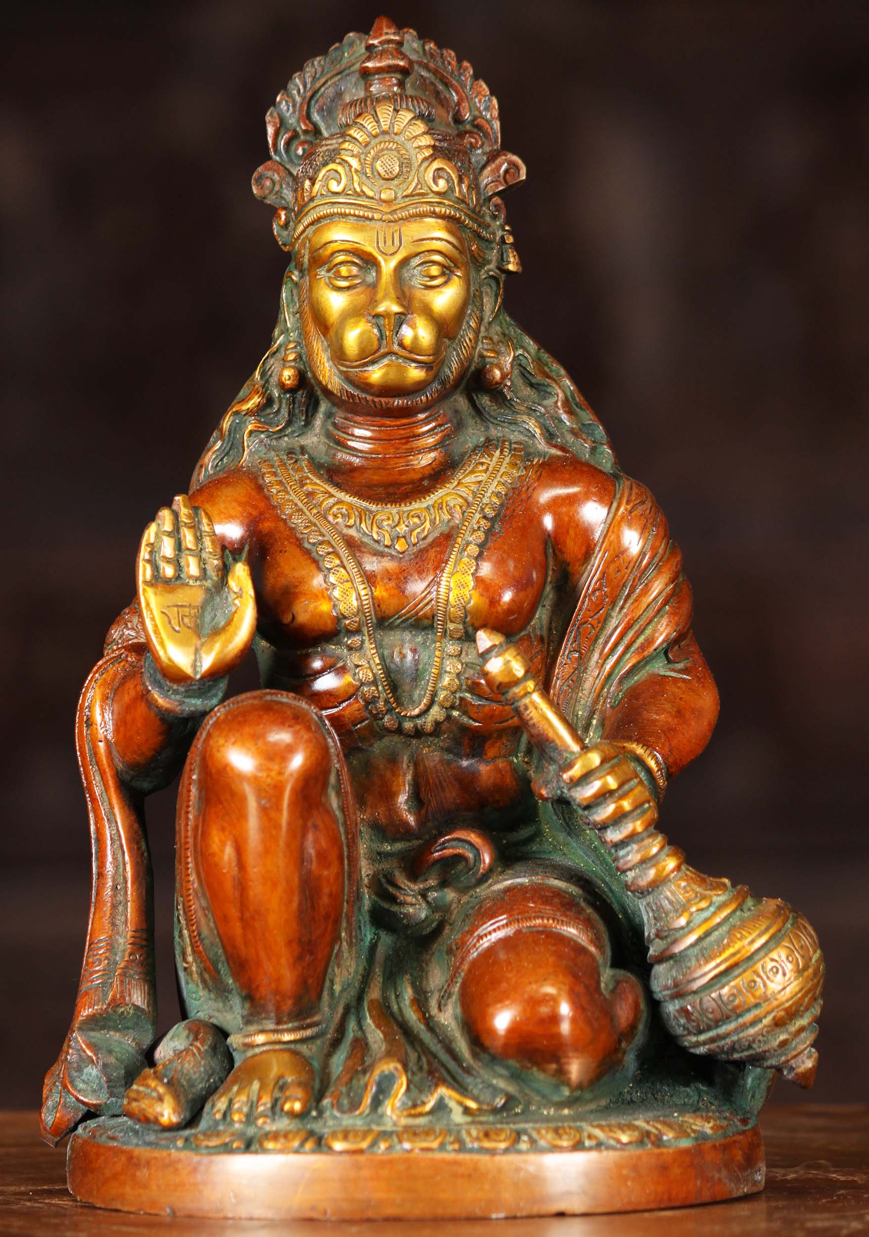 Hanuman, the Hero of the Ramayana, Brass Statue Kneeling in the Abhaya Mudra Holding a Club 9"