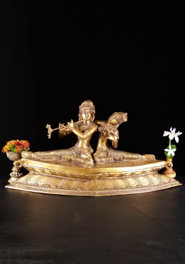 Life-Size Golden Brass Standing Hindu God Krishna Statue with Elephant  Flute 79